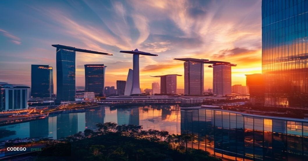 A cinematic editorial photograph capturing the Singapore financial district skyline at golden hour, with the iconic Marina Ba