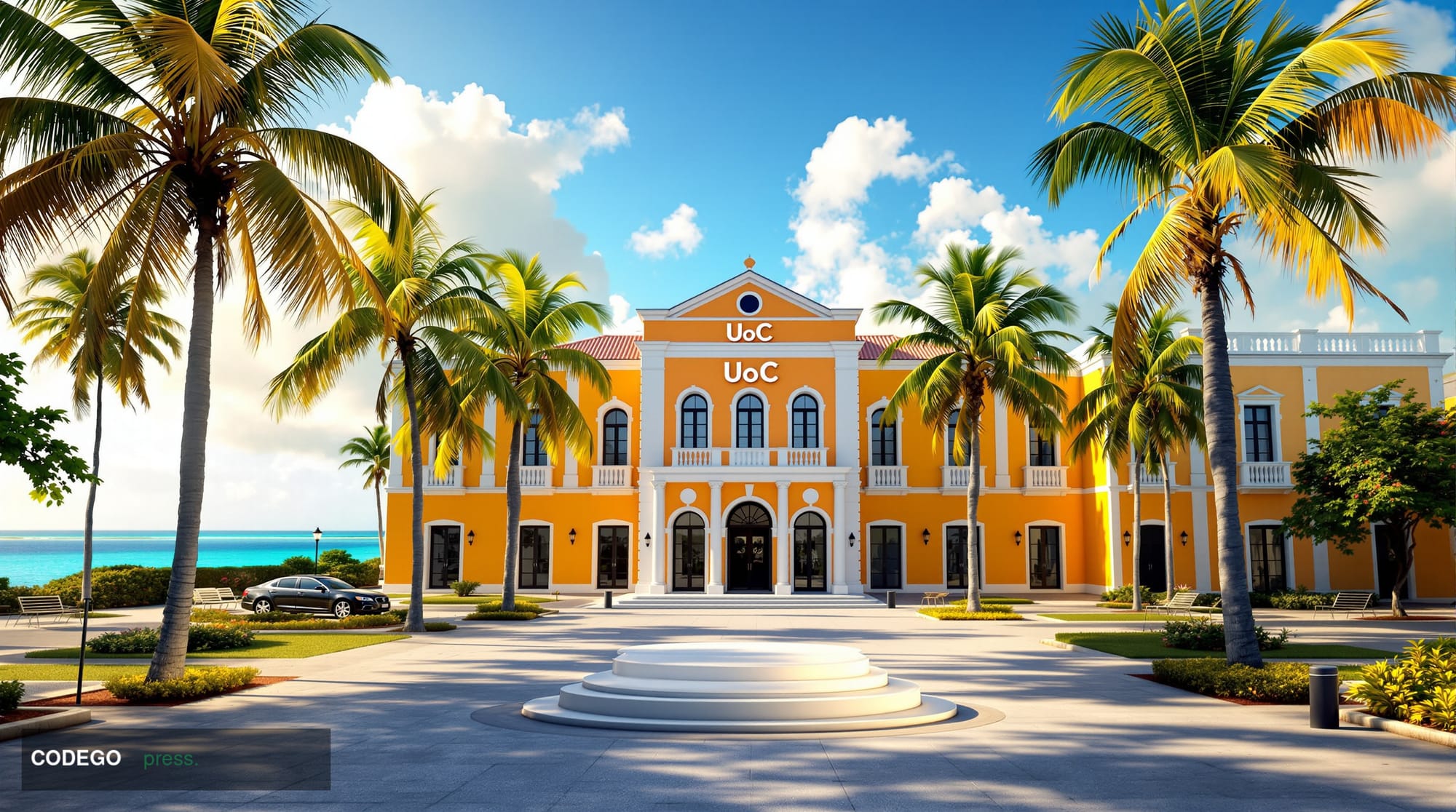 A photorealistic editorial photograph of the University of Curaçao campus in Willemstad, Curaçao, featuring colonial Dutch Ca