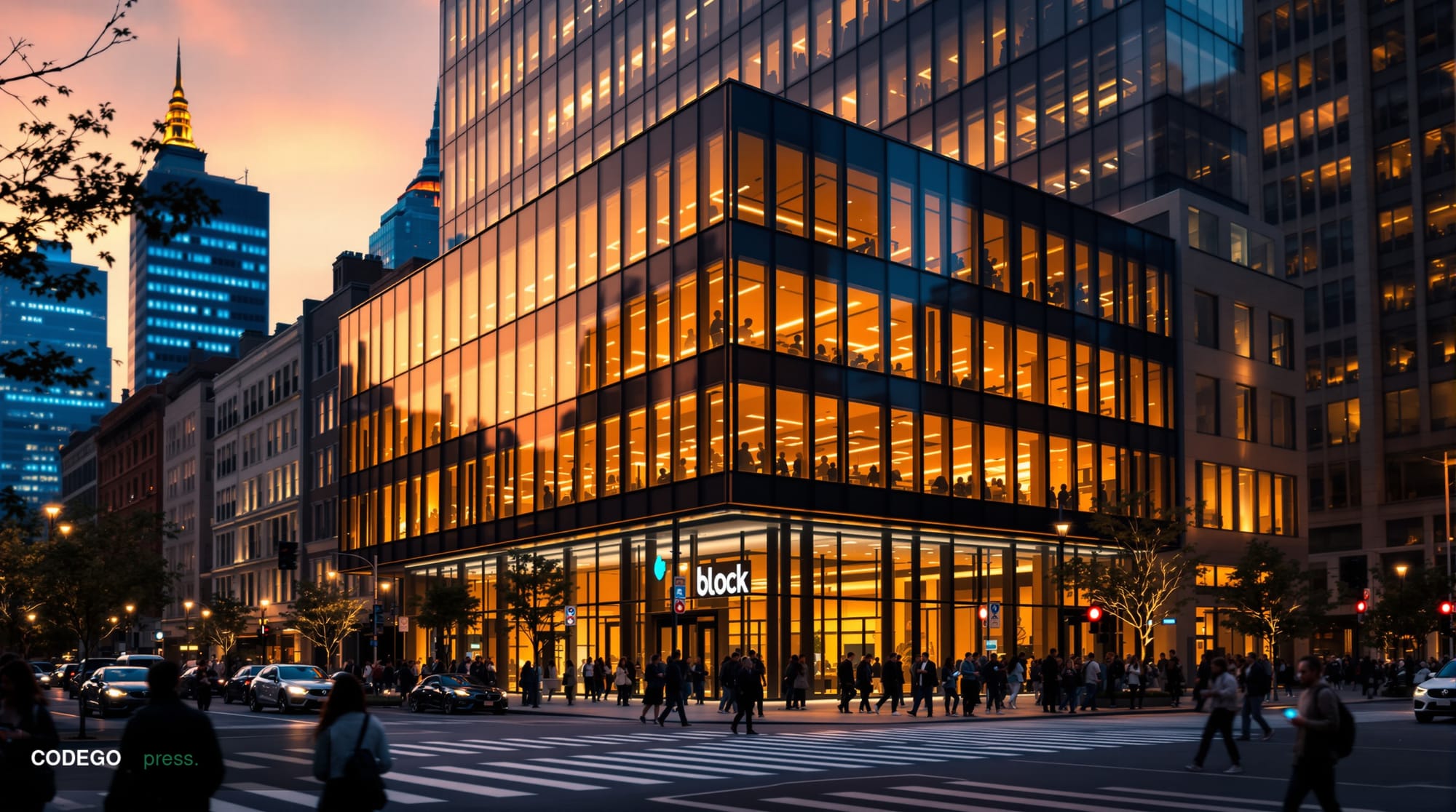 A cinematic editorial photograph of Block's headquarters in San Francisco with the recognizable tech company architecture, sh