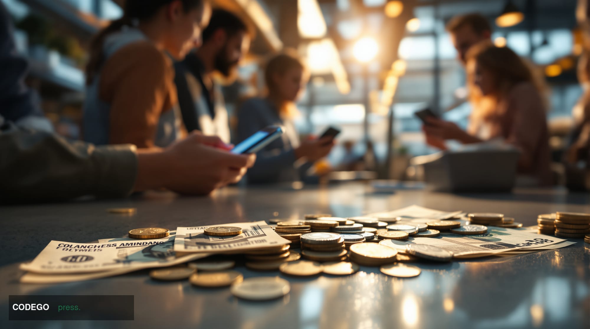 A photorealistic editorial photograph showing a diverse group of consumers making payments at a modern retail counter, with b