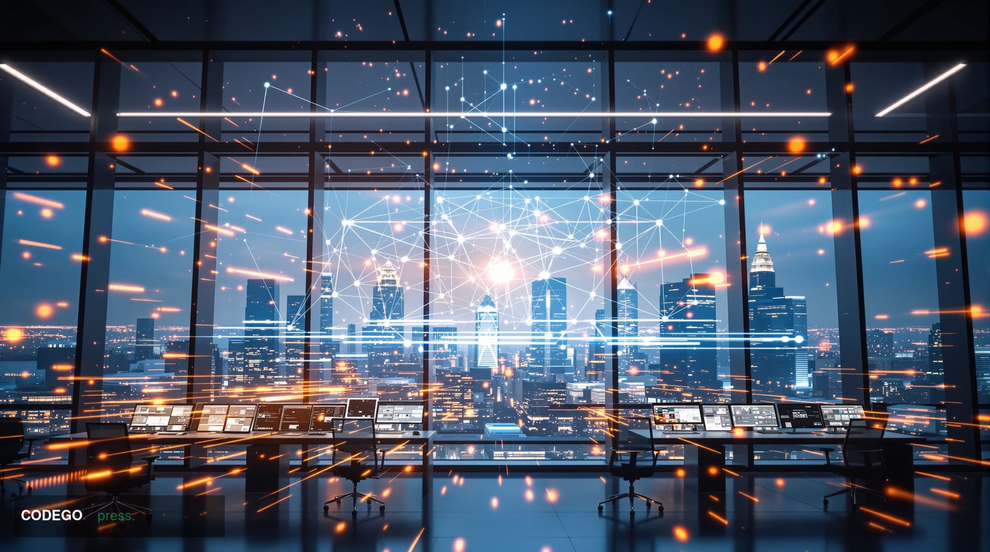 A photorealistic editorial photograph of a sleek modern financial technology office interior with floor-to-ceiling windows ov
