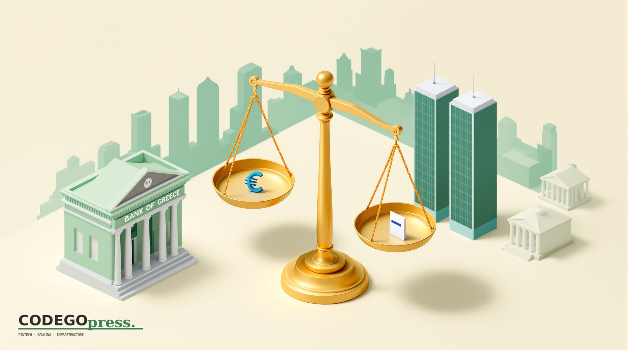Large golden balance scale in centre with euro symbol on one side and voting ballot on the other, Bank of Greece neoclassical