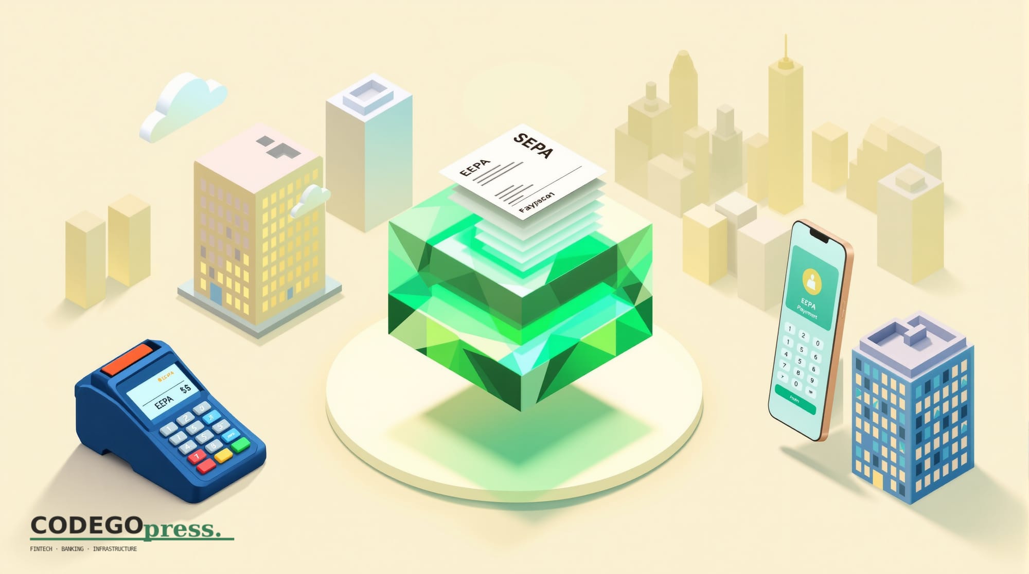 Flat 3D isometric vector editorial illustration. Banking-green primary (#1A6B43), cream background, gold and navy accents. Ce