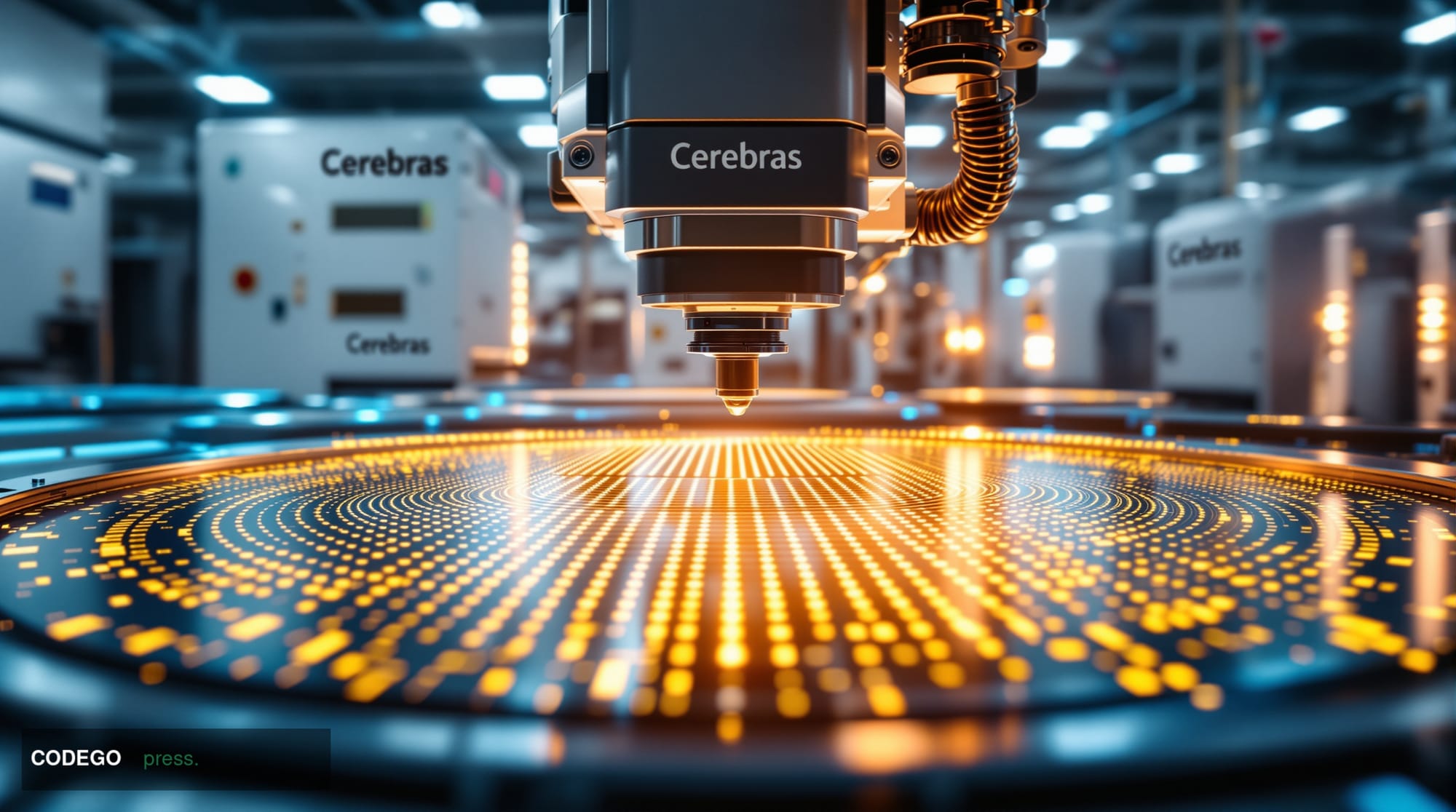 A cinematic editorial photograph of a massive silicon wafer facility showcasing cutting-edge semiconductor manufacturing. The