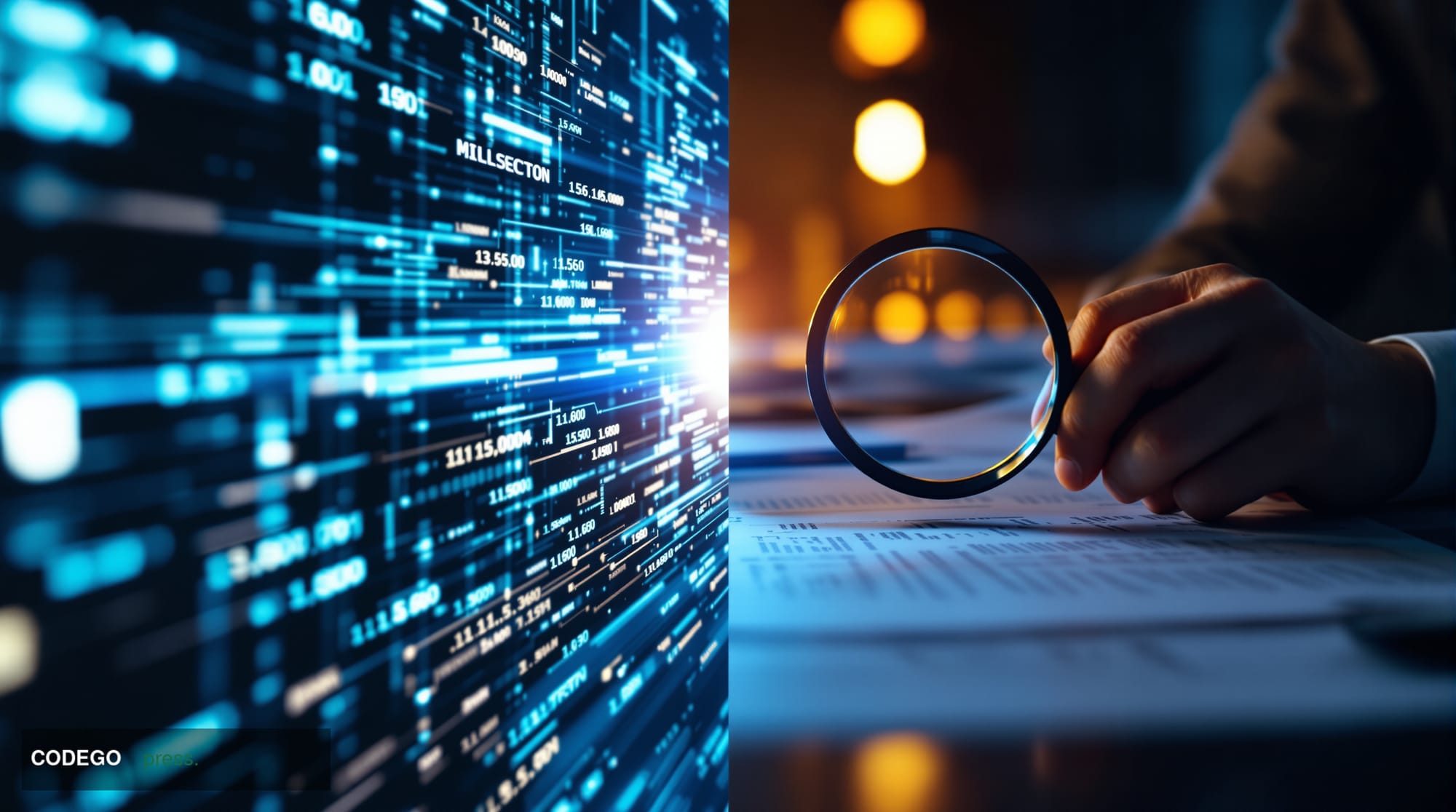 # Image Prompt:

A split-screen composition showing a high-speed digital transaction interface on the left side with glowing 