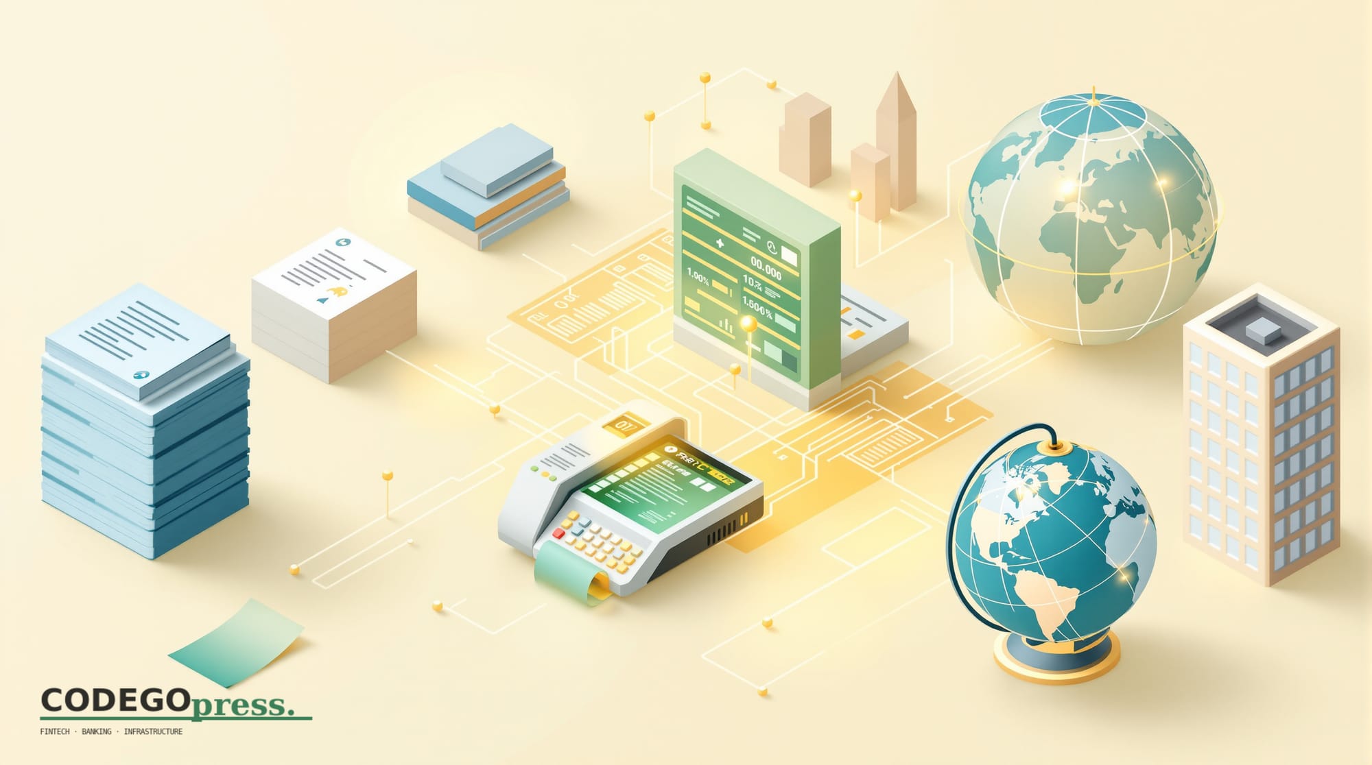Flat 3D isometric vector editorial illustration showing a corporate back-office workspace with three distinct zones: (1) left