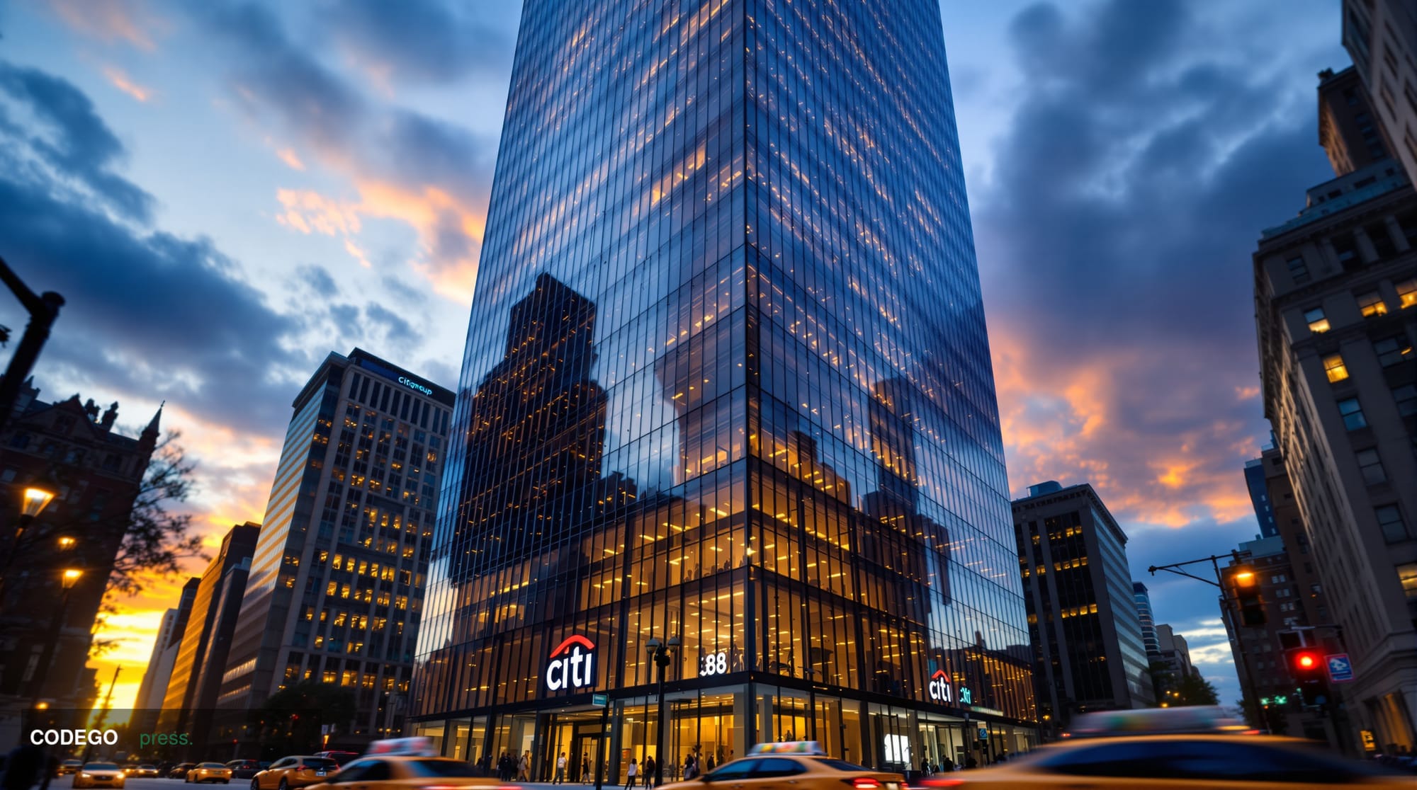 A photorealistic editorial photograph of the imposing glass and steel facade of <a href="https://www.citigroup.com" target="_