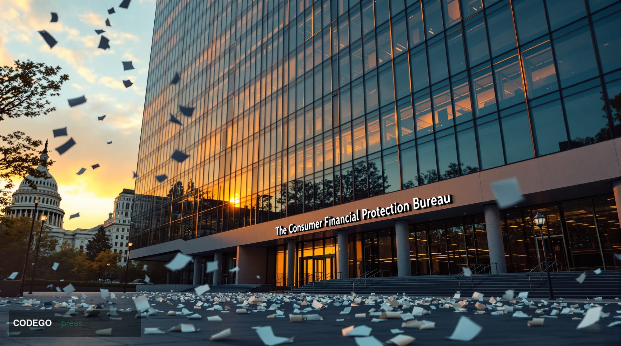 A dramatic photorealistic editorial photograph of the Consumer Financial Protection Bureau headquarters building in Washingto