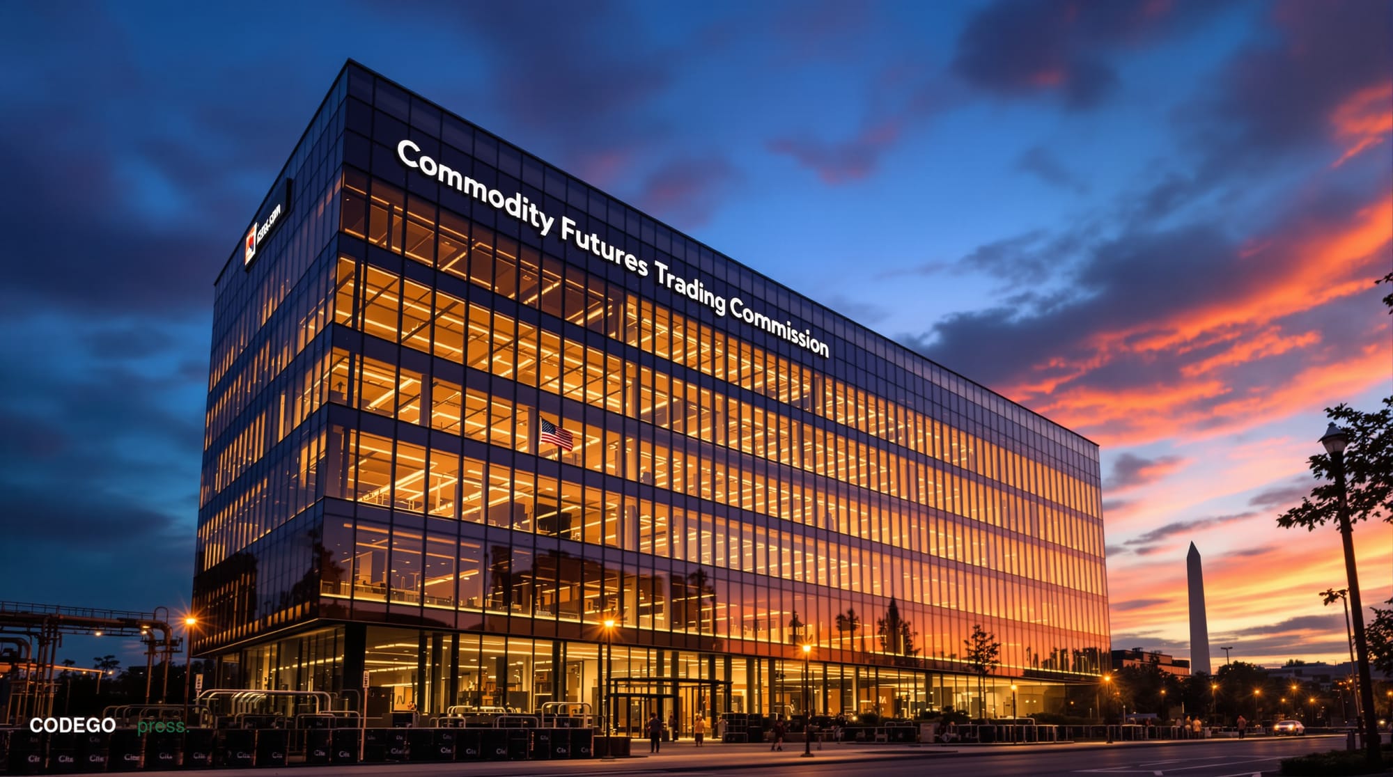 A dramatic wide-angle view of the modern glass and steel headquarters of the Commodity Futures Trading Commission in Washingt
