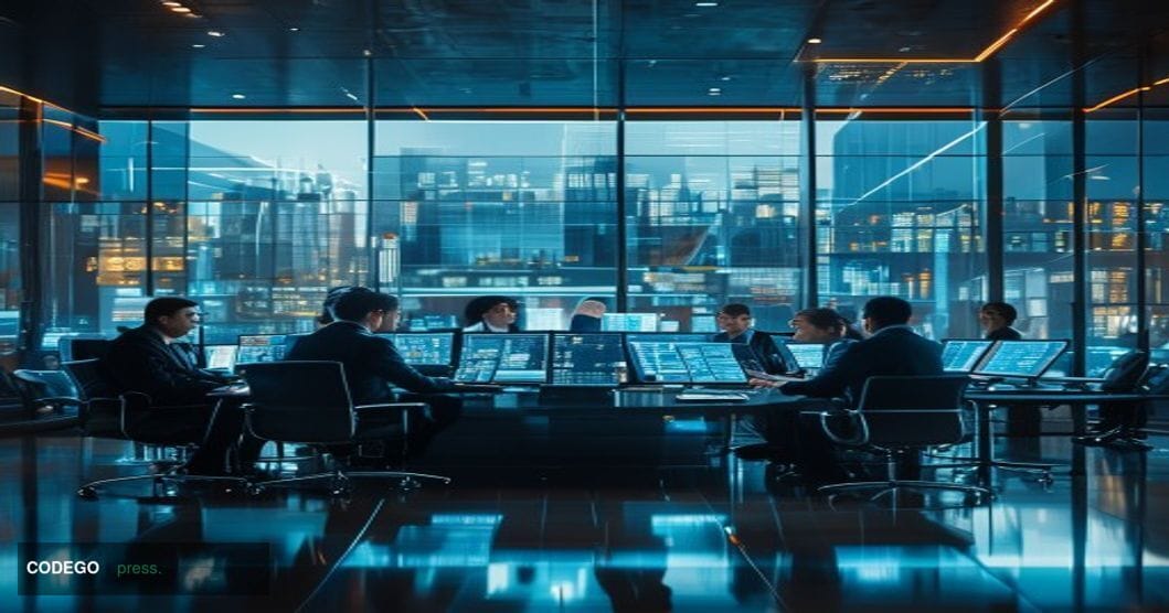 # Image Prompt:

A modern glass-walled trading floor bathed in cool blue-tinted natural light streaming through floor-to-ceil