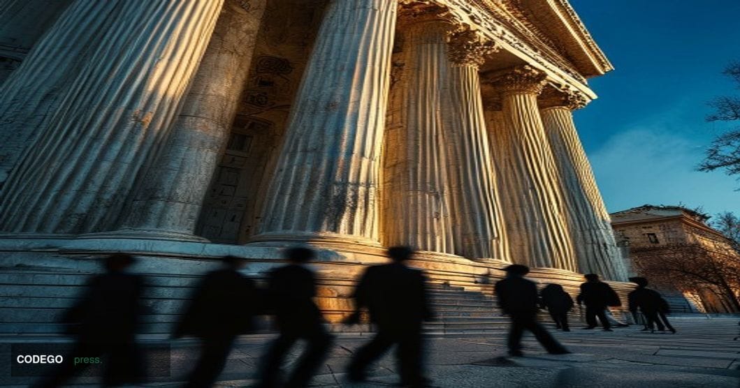 A dramatic editorial photograph of the CFTC headquarters building in Washington D.C., captured from a low angle with the impo