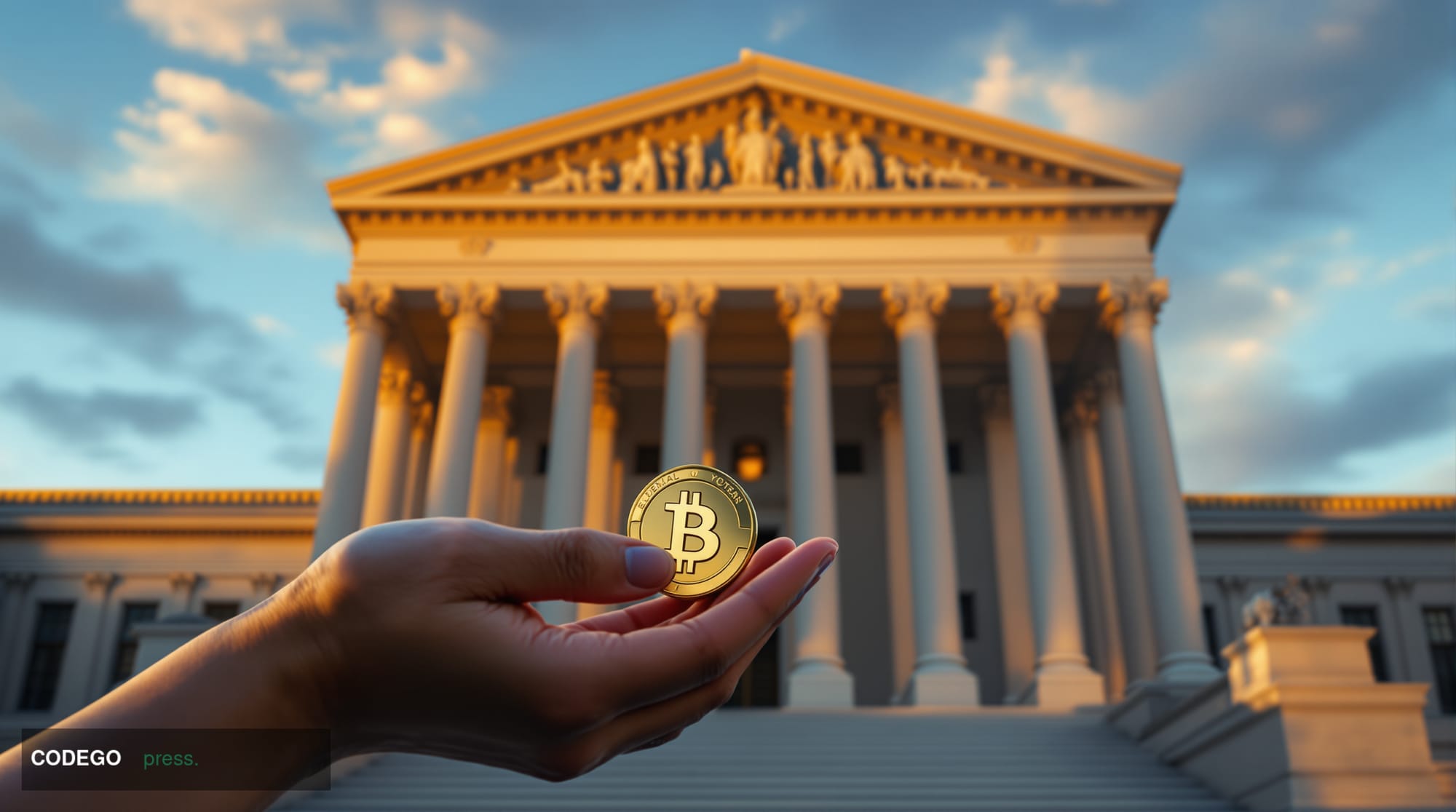 A photorealistic editorial photograph showing the imposing neoclassical facade of the Commodity Futures Trading Commission he