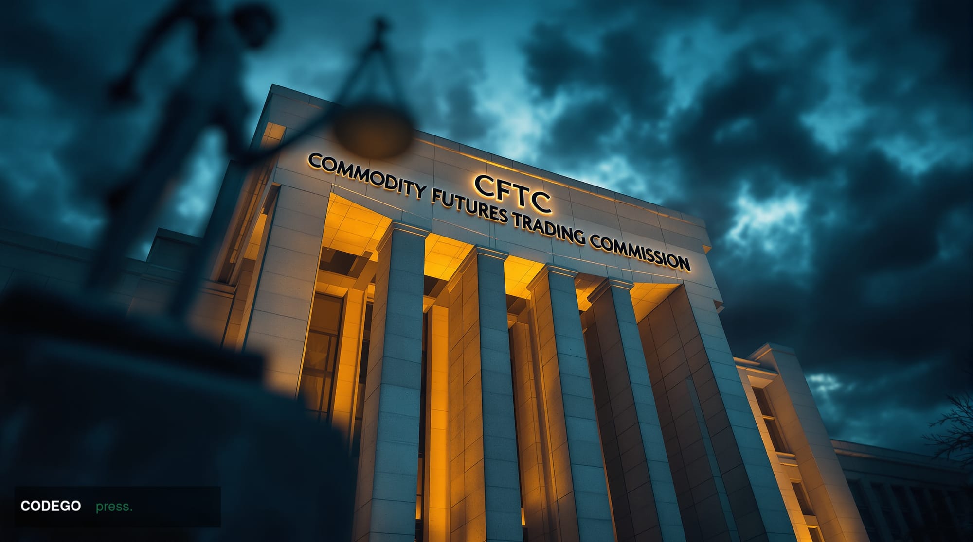 A dramatic cinematic photograph of the <a href="https://www.cftc.gov" target="_blank" rel="noopener">Commodity Futures Tradin