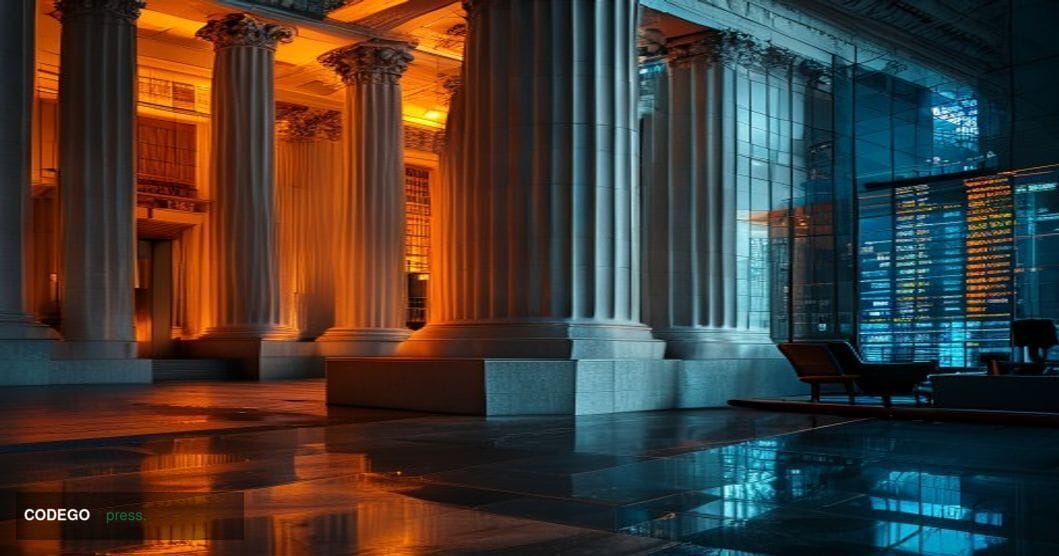 A dramatic editorial photograph showcasing the intersection of traditional financial regulation and cryptocurrency innovation