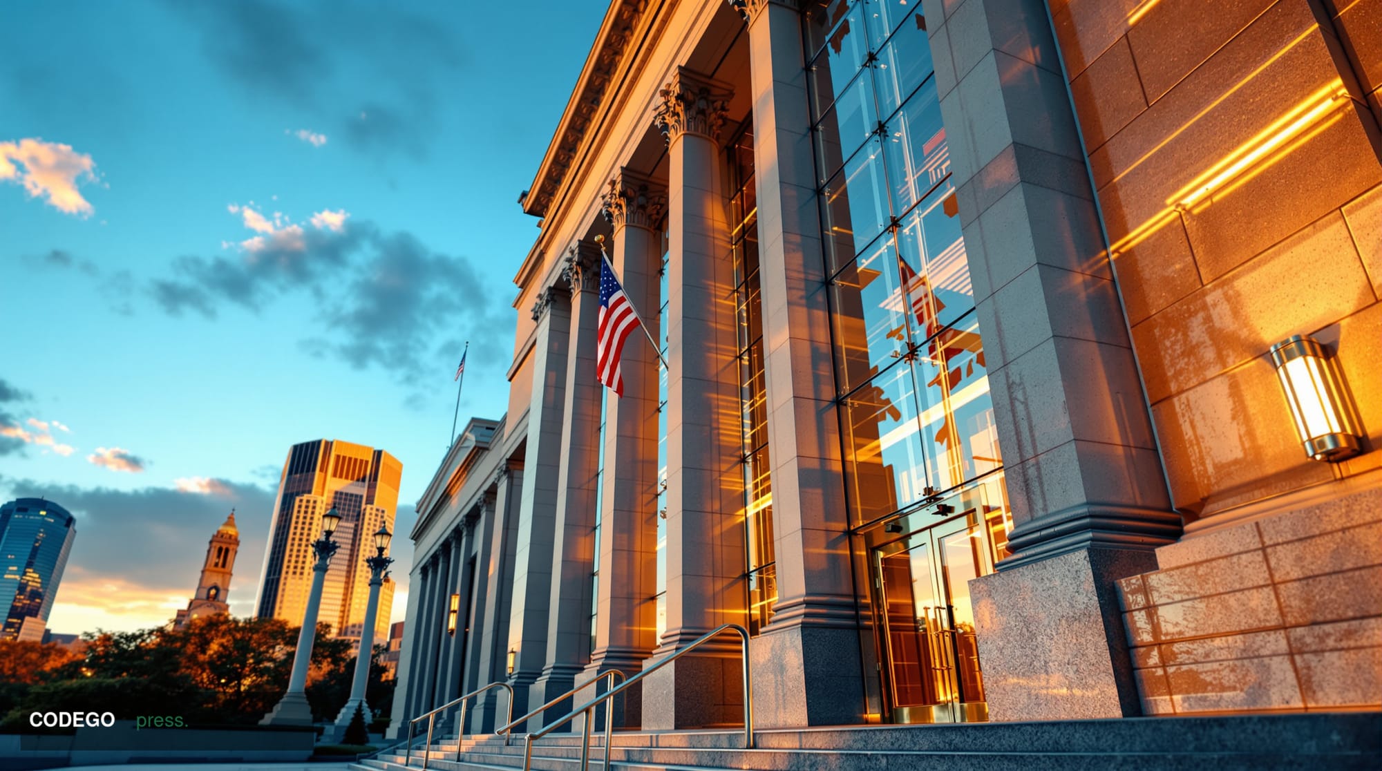 A cinematic editorial photograph showing the imposing glass and steel facade of a federal regulatory building in Washington D