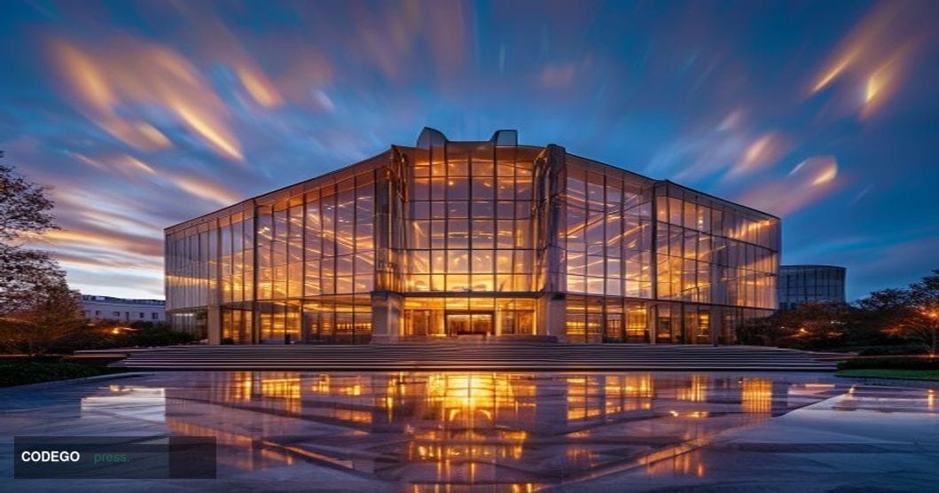 A cinematic editorial photograph showing the imposing facade of the CFTC headquarters building in Washington DC, captured dur