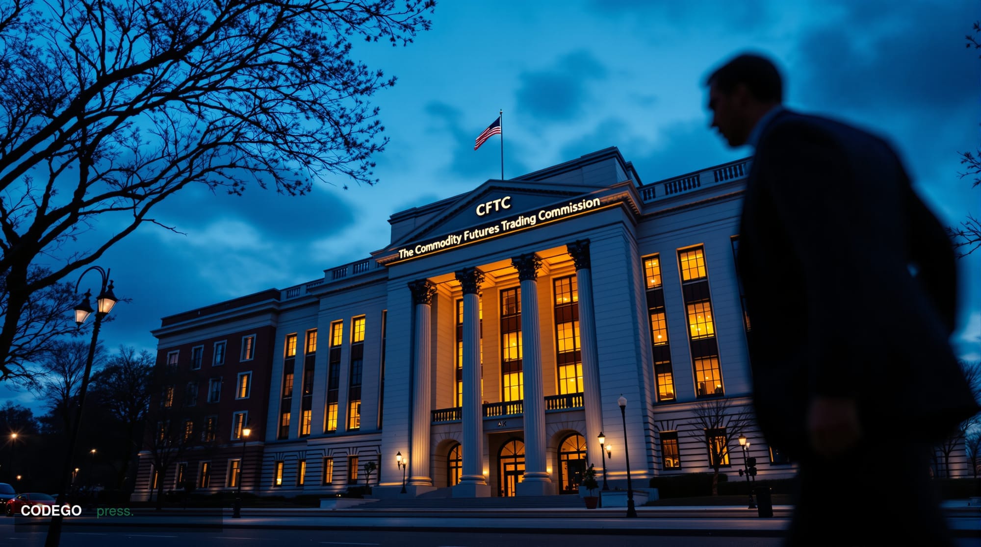 A dramatic cinematic view of the Commodity Futures Trading Commission headquarters building in Washington D.C. at dusk, shot 