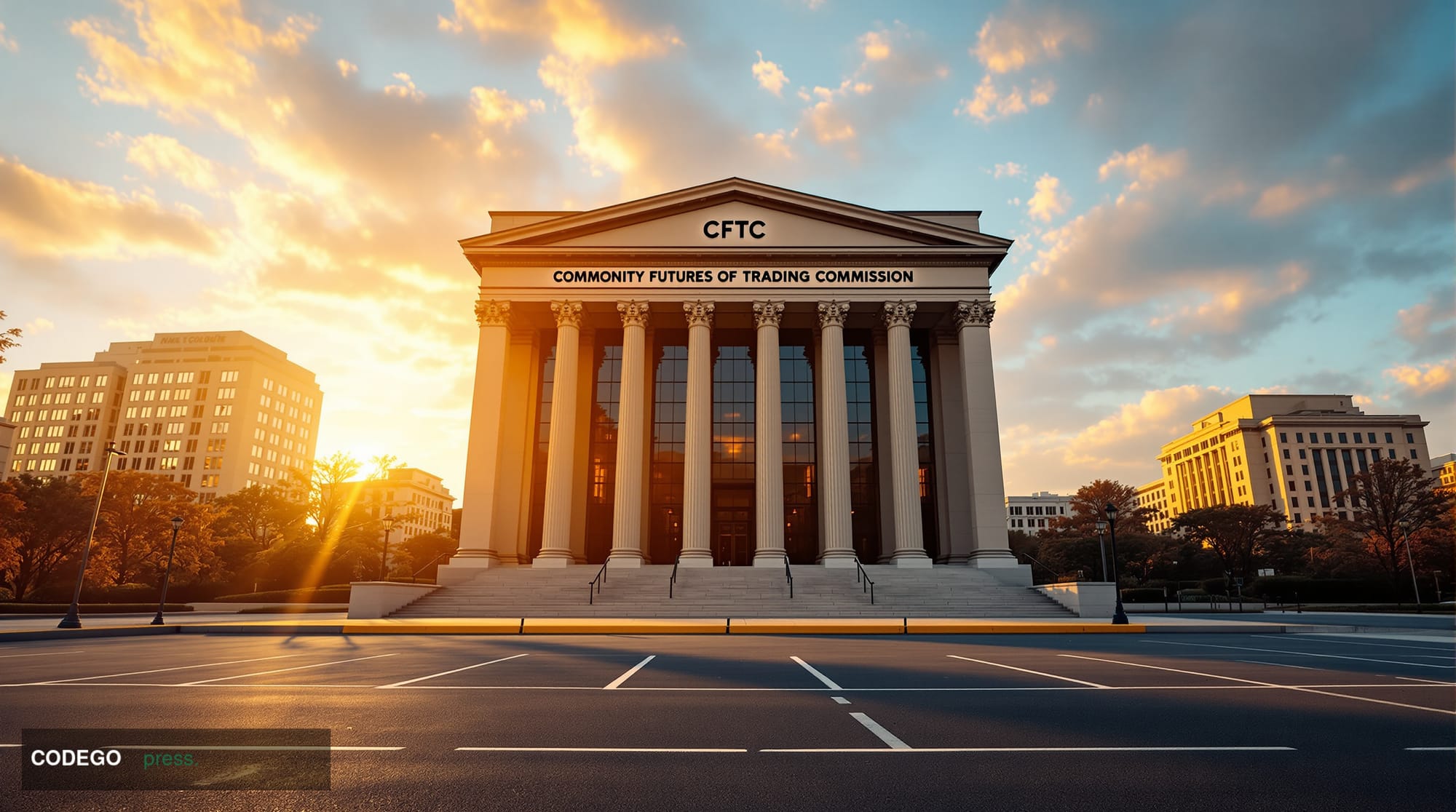 A dramatic wide-angle photograph of the CFTC headquarters building in Washington DC, shot during the golden hour with warm am