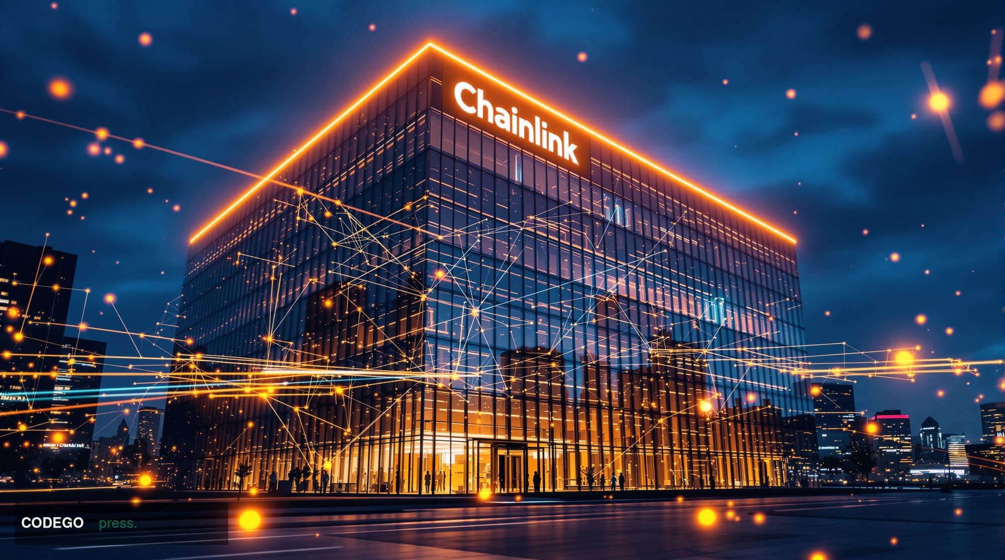 A photorealistic editorial photograph showcasing Chainlink's technological infrastructure in a dramatic corporate setting. Th