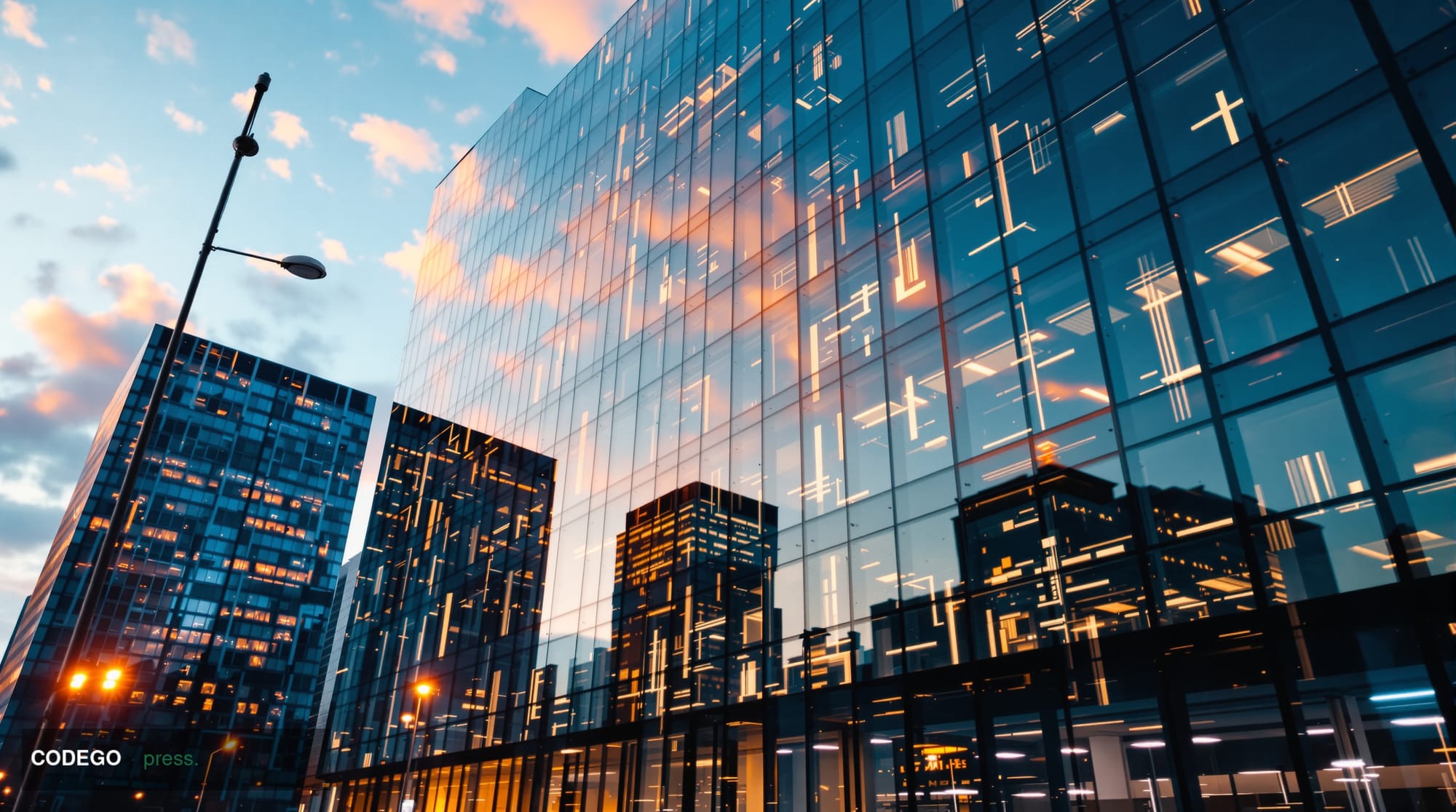 A dramatic cinematic photograph of the Chainlink headquarters or major blockchain conference venue with distinctive geometric