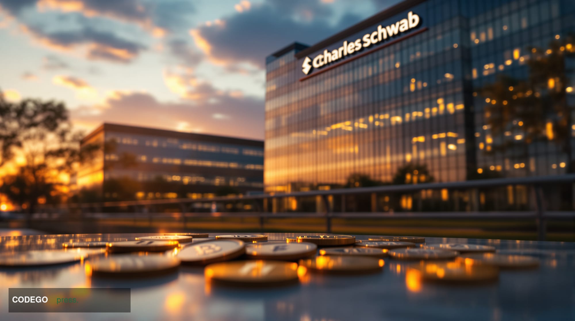 A cinematic editorial photograph showcasing the Charles Schwab corporate headquarters in Westlake, Texas, captured during gol