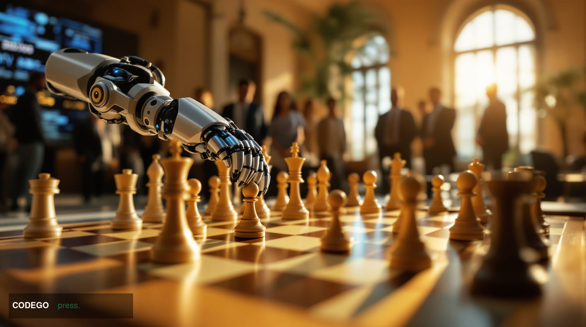 A cinematic editorial photograph capturing the modernization of chess through artificial intelligence, shot at the Menorca Co