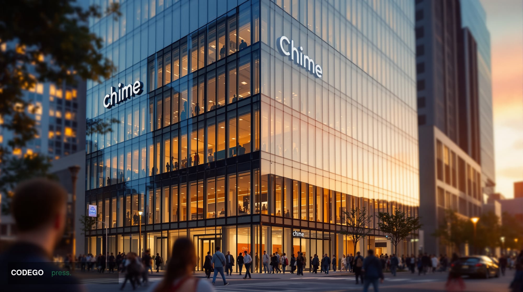 A photorealistic editorial photograph showcasing Chime's San Francisco headquarters building exterior with its modern glass f