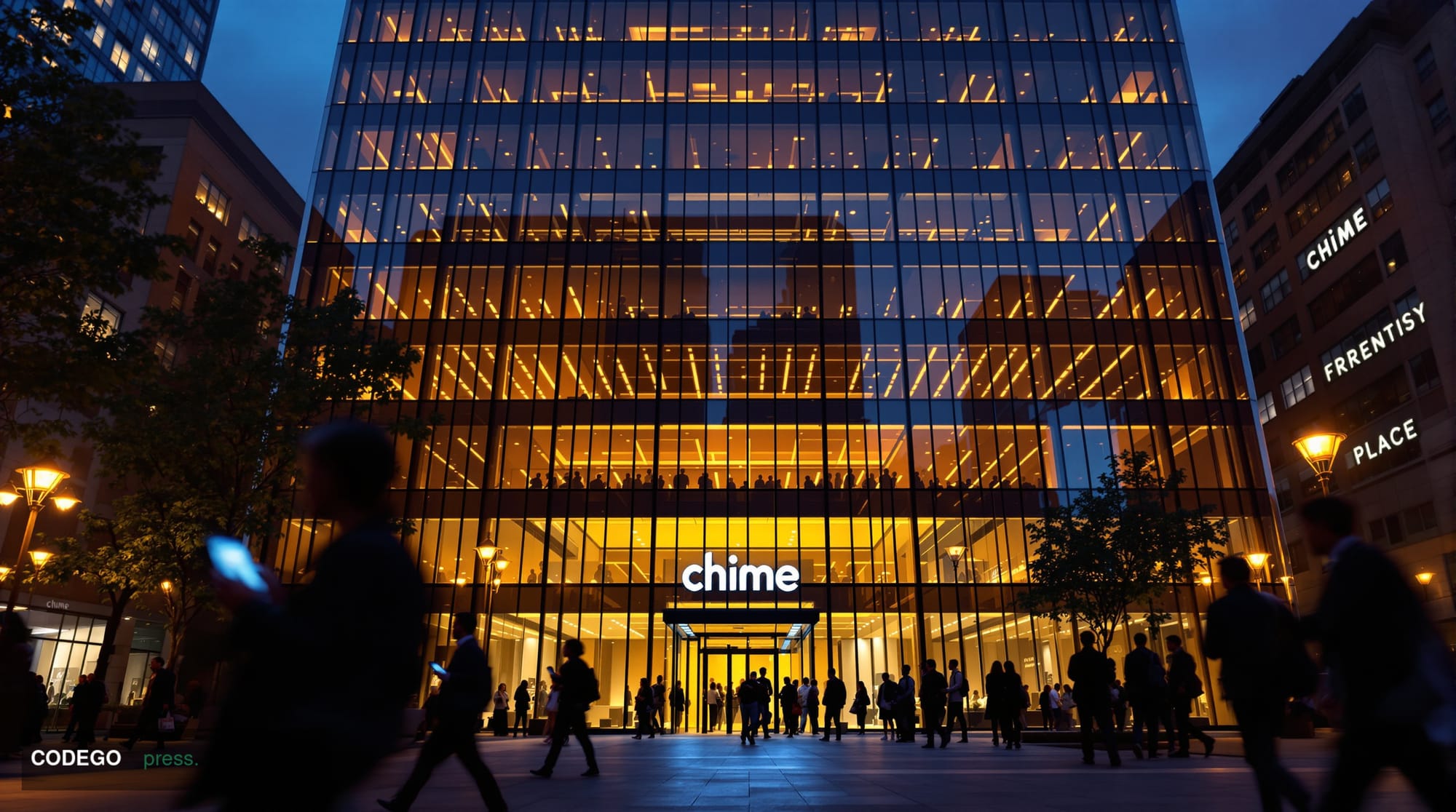A dramatic photorealistic editorial photograph of Chime's San Francisco headquarters building at dusk, shot from a low angle 