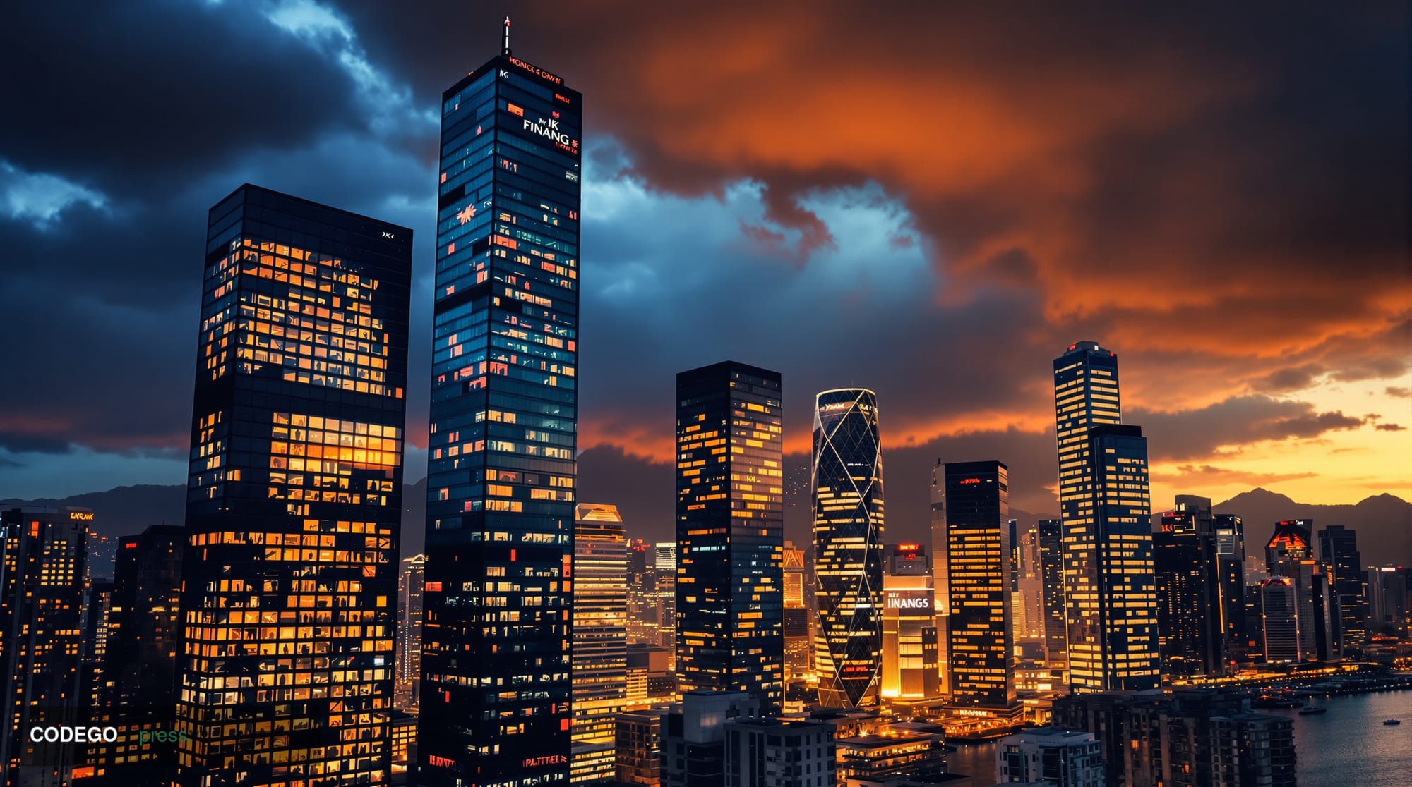 A dramatic photorealistic editorial photograph showing the Hong Kong financial district skyline at dusk, with towering glass 