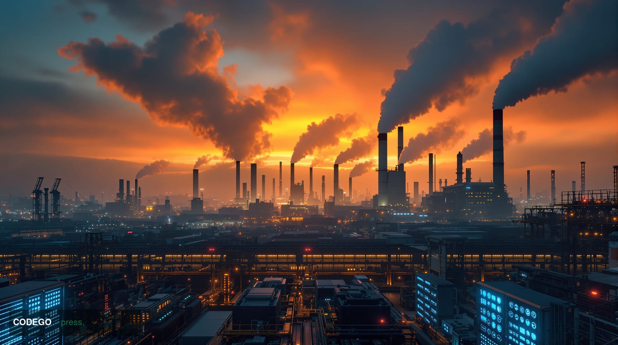 A dramatic wide-angle photograph of a sprawling Chinese industrial complex at dusk, featuring massive factory smokestacks sil