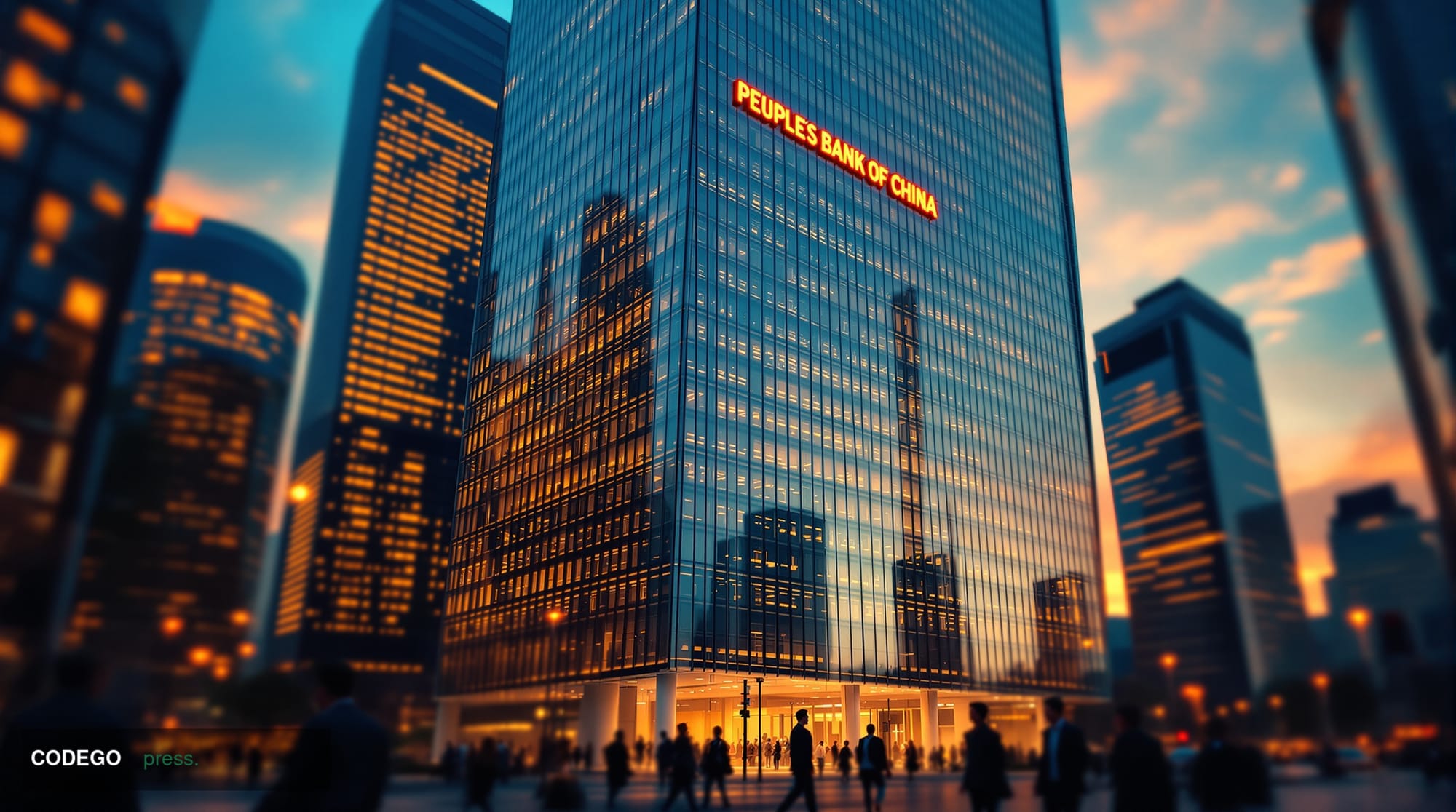 A cinematic editorial photograph of the imposing headquarters of the People's Bank of China in Beijing's Financial Street dis