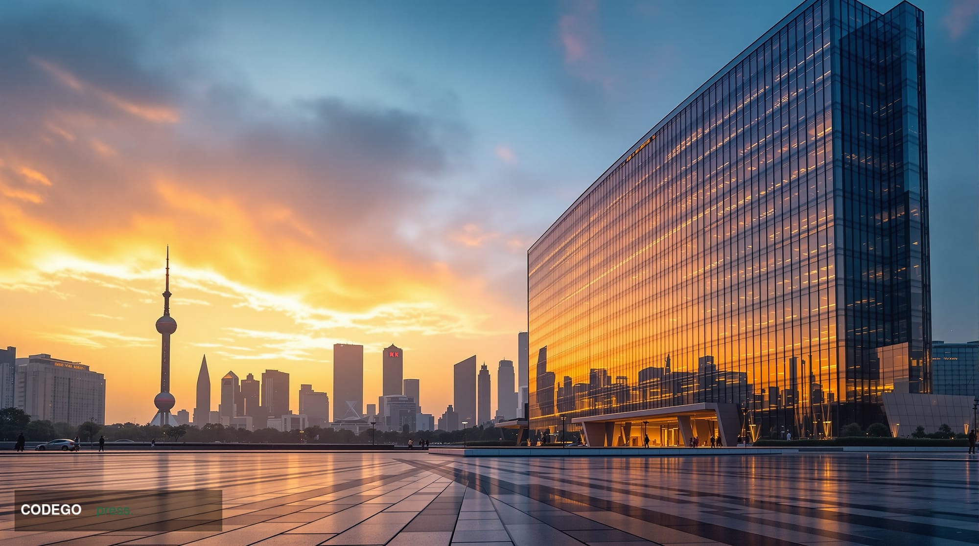 A cinematic editorial photograph capturing the imposing headquarters of the People's Bank of China in Beijing, shot during th