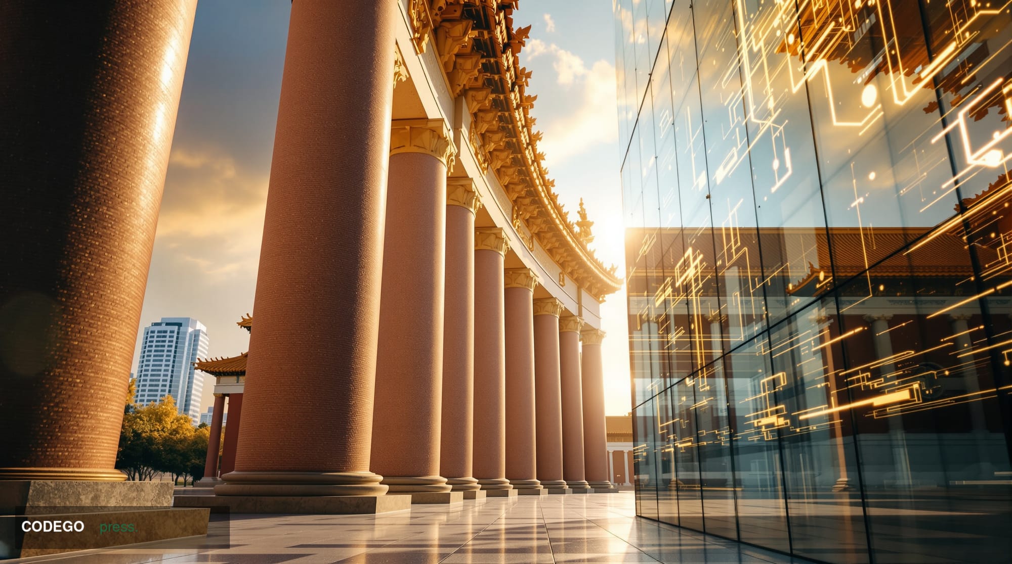 A dramatic photorealistic editorial photograph of the imposing Supreme People's Court of China building in Beijing, captured 