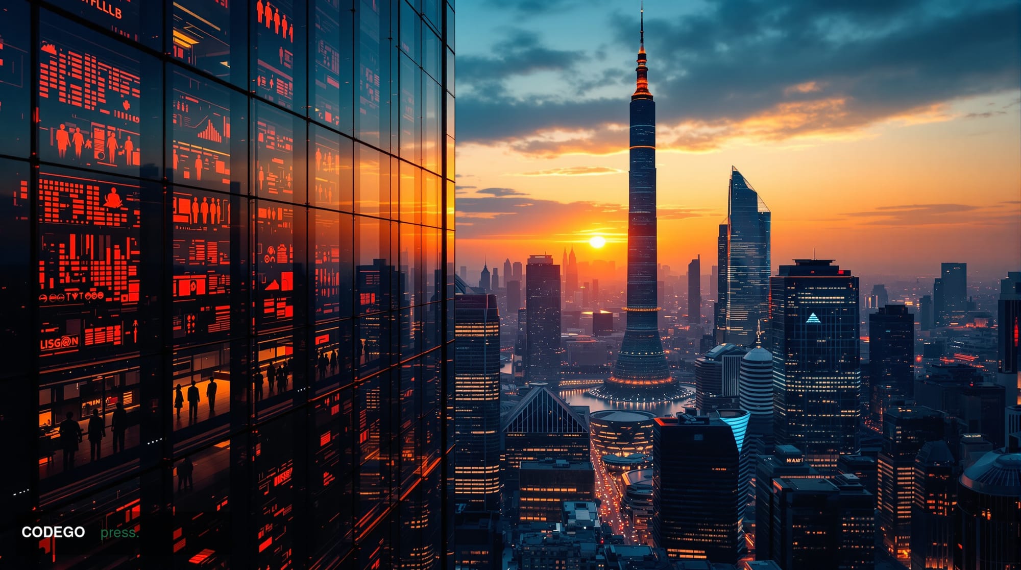 A dramatic photorealistic editorial photograph showing the Shanghai financial district skyline during golden hour, with tower
