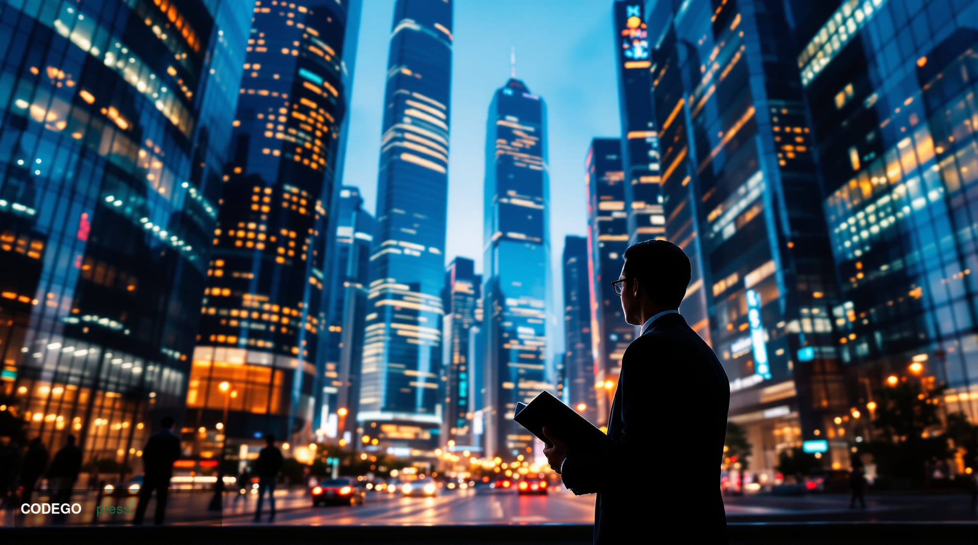 A photorealistic editorial photograph capturing a modern Chinese tech hub with sleek glass towers and <a href="https://www.hu