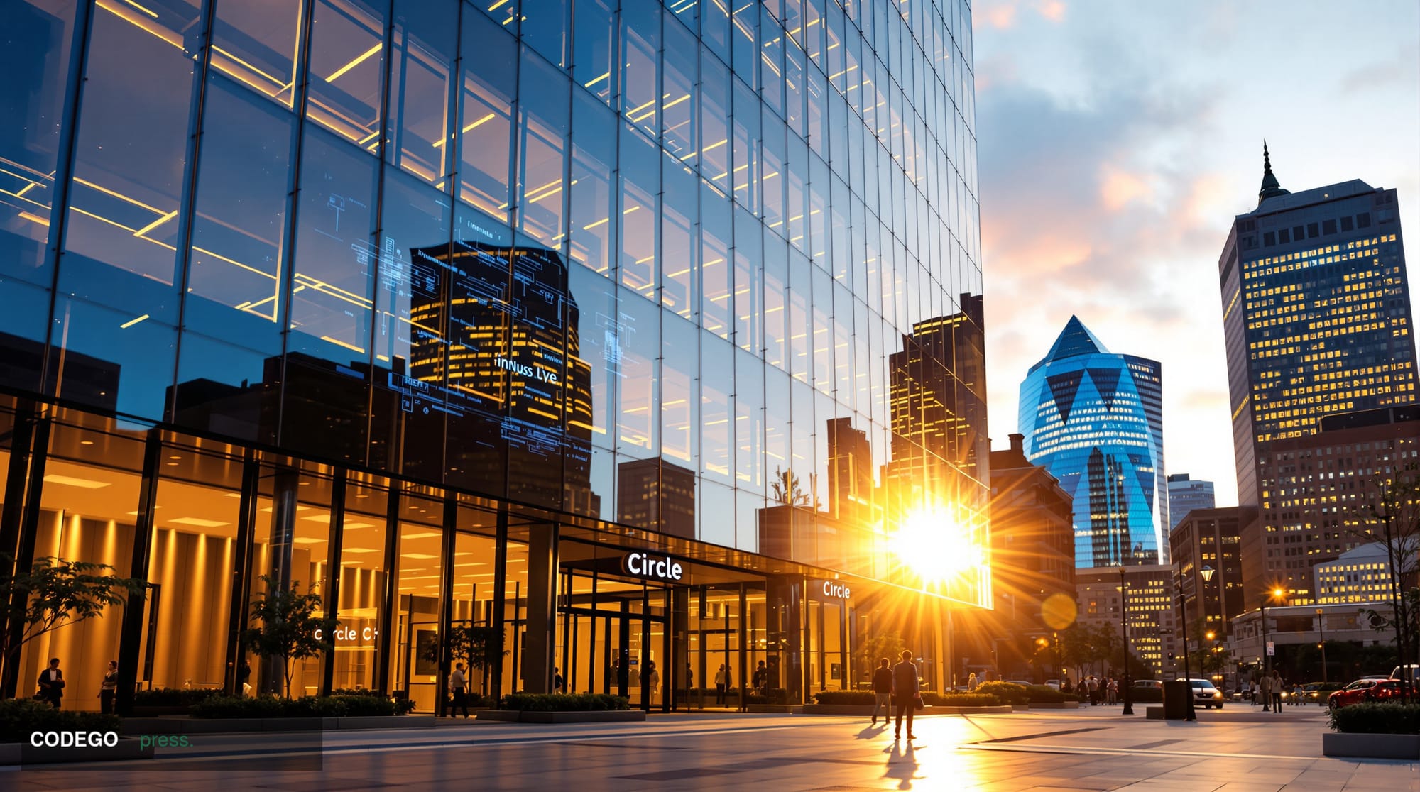 A photorealistic 8K editorial photograph showing Circle's modern Boston headquarters building exterior during golden hour, wi