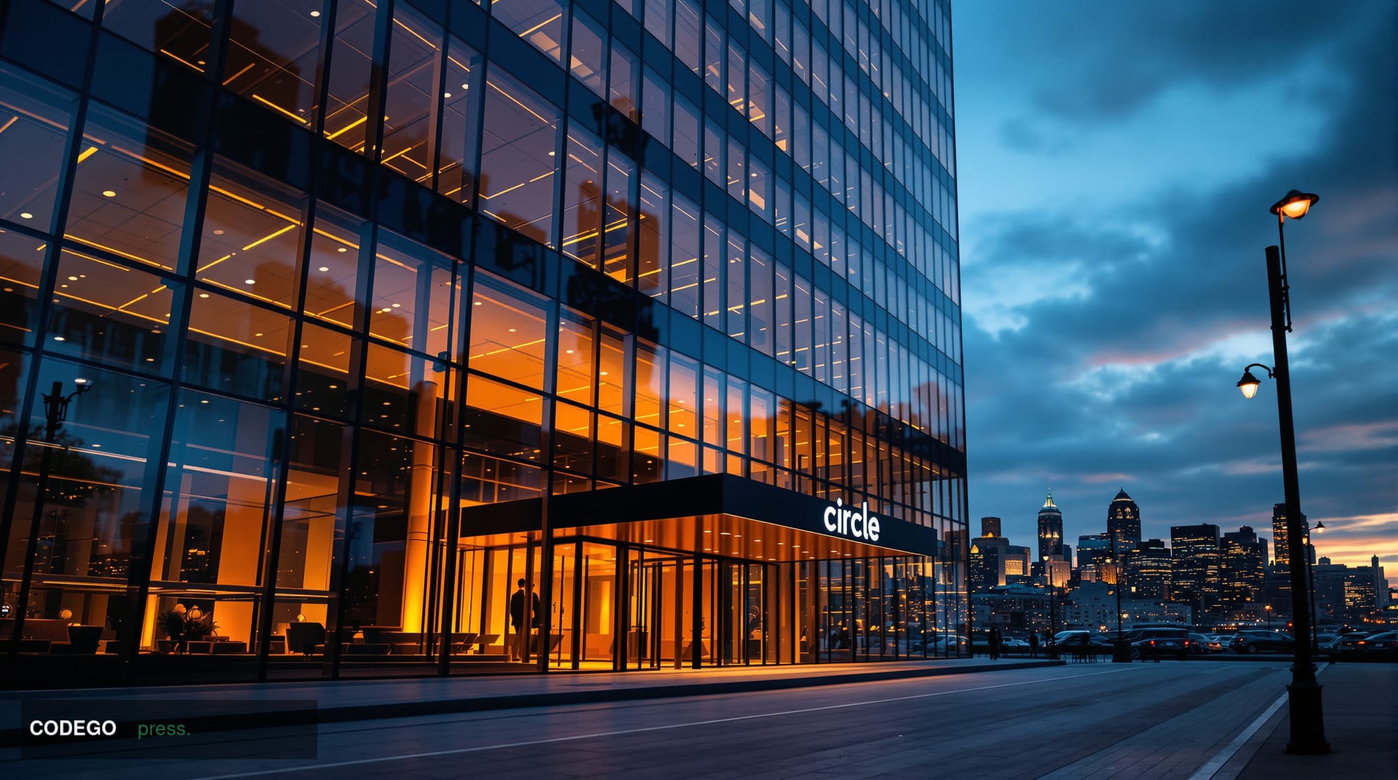 A dramatic exterior shot of Circle's corporate headquarters in Boston's Financial District during golden hour, with the moder