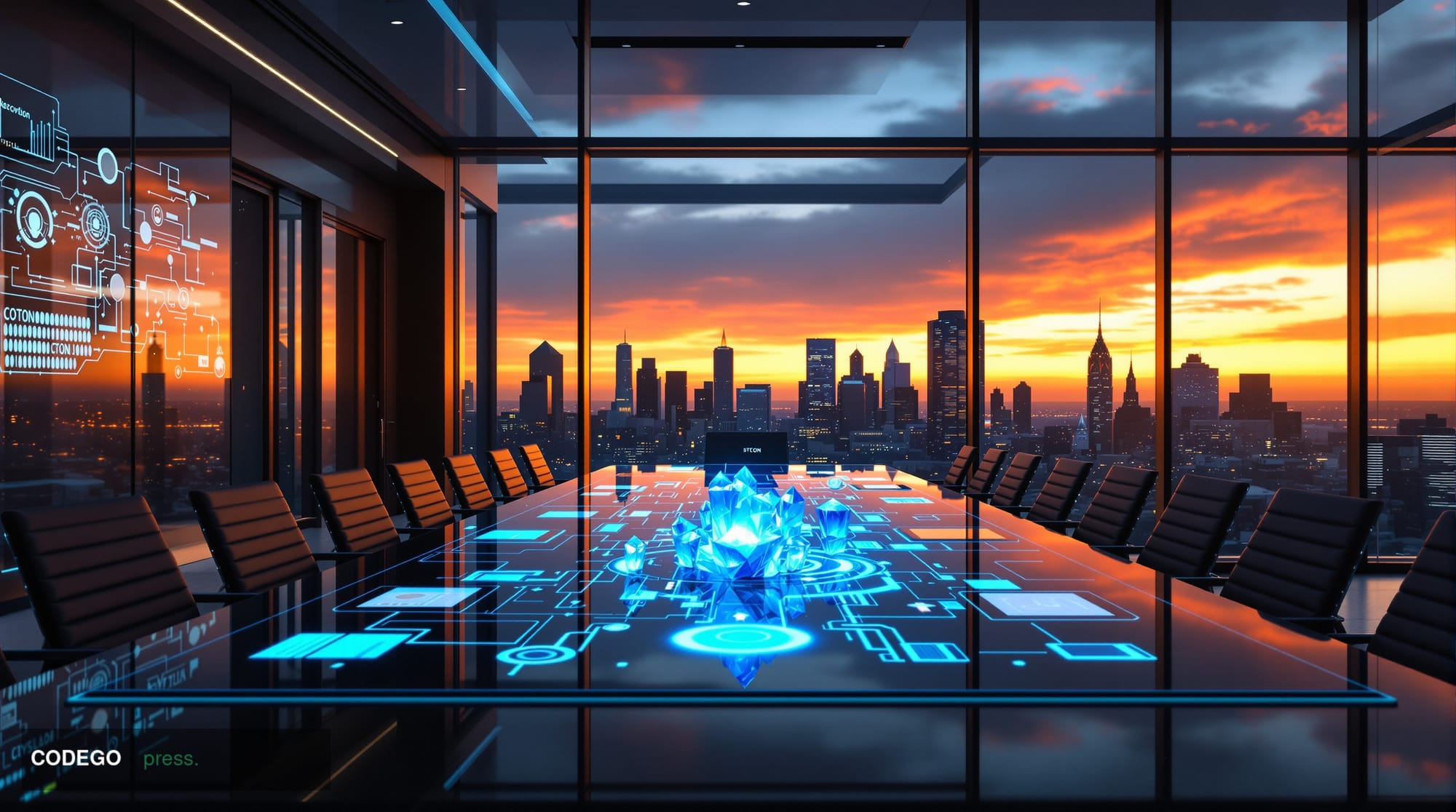 A sleek, futuristic corporate boardroom at Circle's headquarters in Boston, featuring floor-to-ceiling glass windows overlook