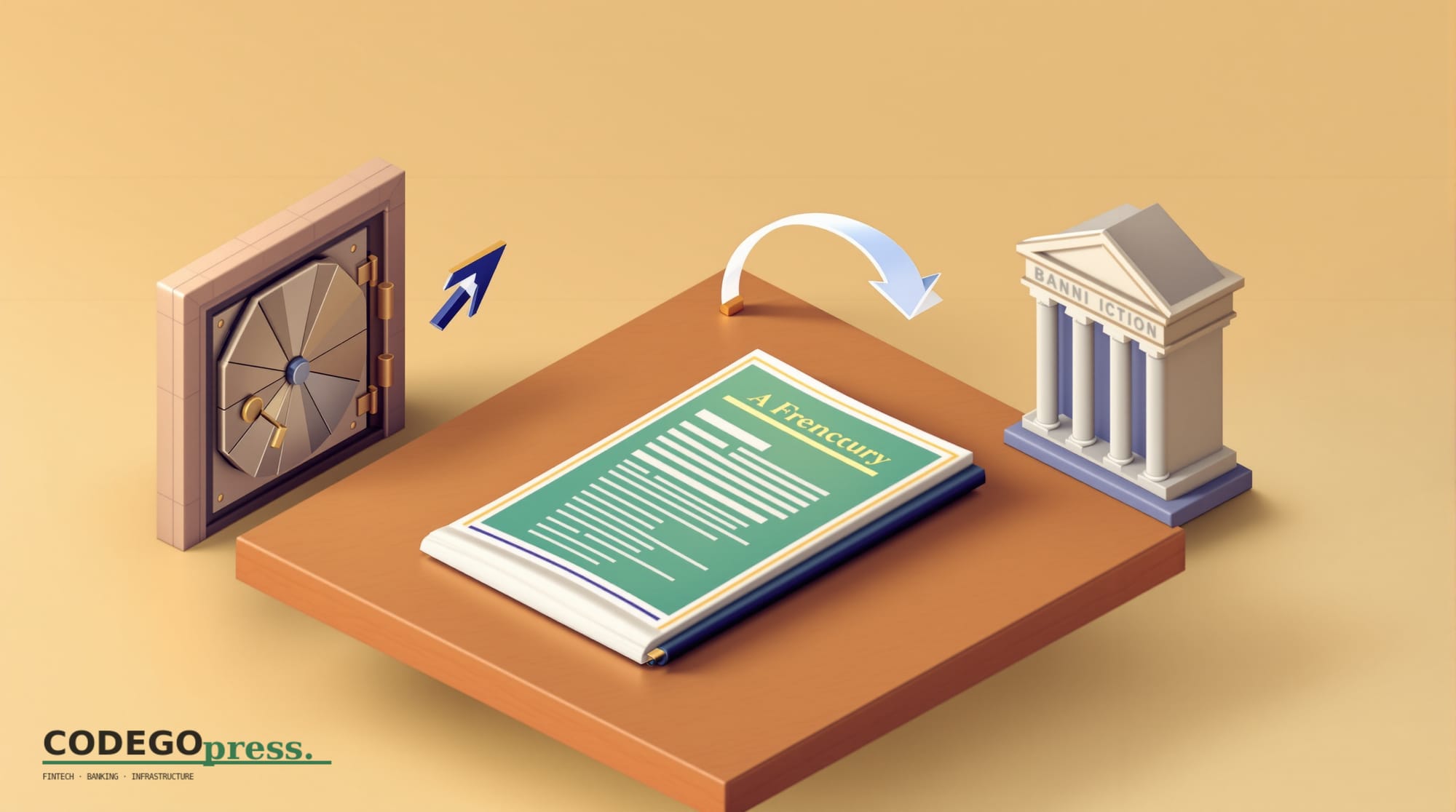 Flat 3D isometric vector editorial illustration. Center: a French regulatory document (labeled form, no real letterforms) in 