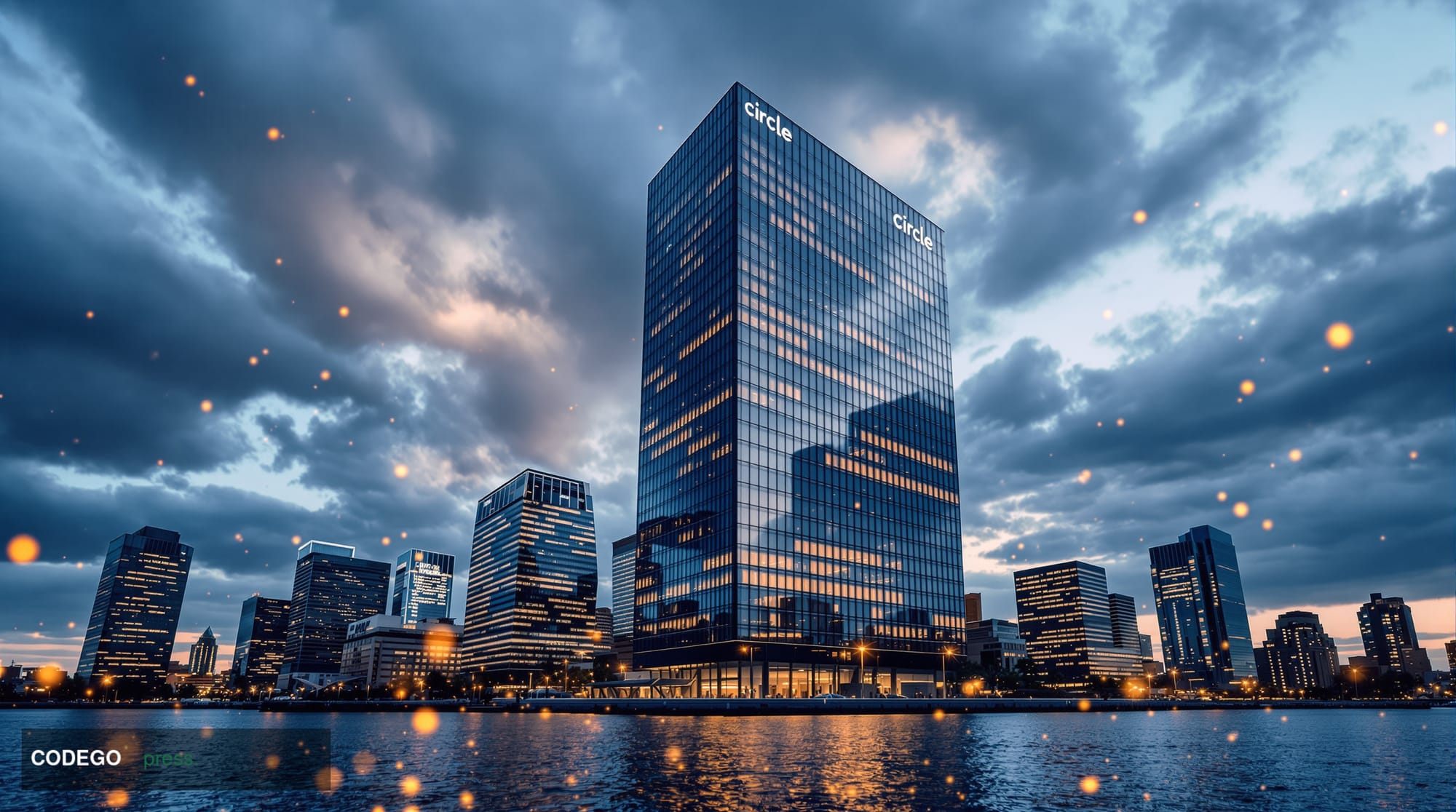 A photorealistic editorial photograph showcasing Circle's Boston headquarters building exterior with distinctive glass facade