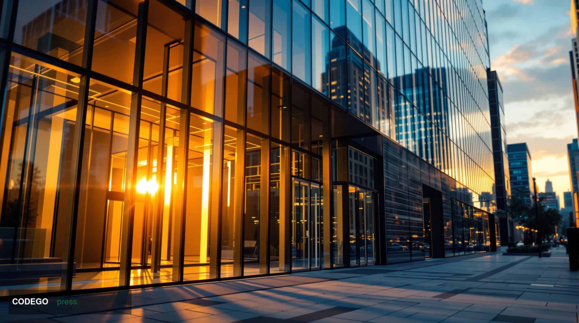 A cinematic editorial photograph of Circle's Boston headquarters building exterior during golden hour, with the company's dis