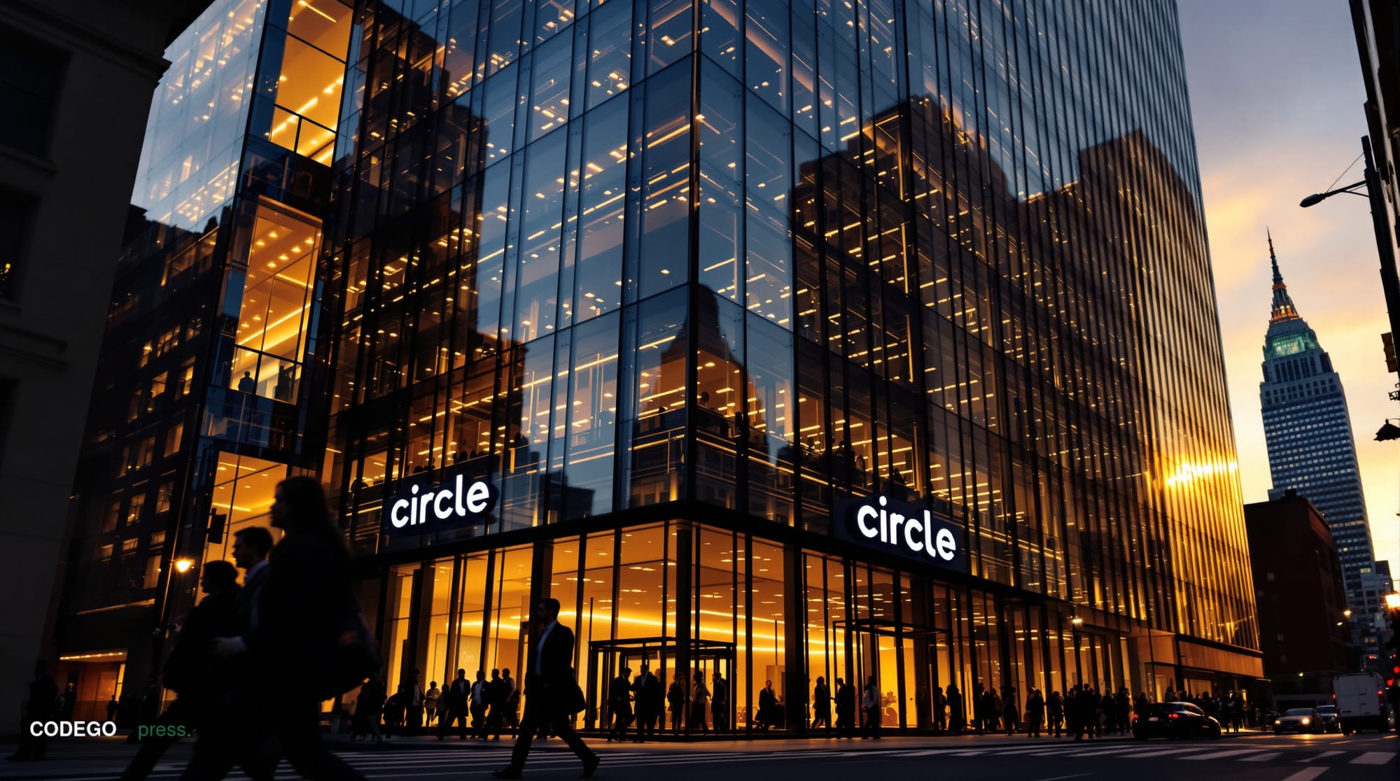 A cinematic editorial photograph of Circle's headquarters in Boston's Financial District, captured from a low angle to emphas