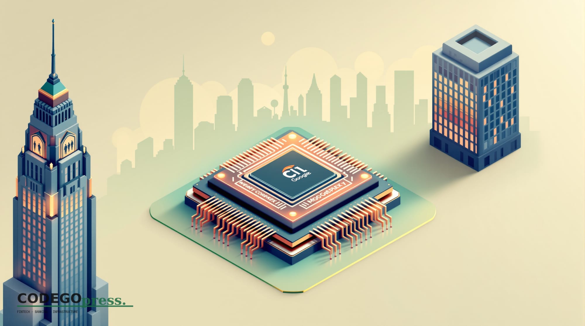 Gleaming AI-core processor chip rendered in rose-gold and navy blue in centre, Citigroup Art Deco Manhattan tower silhouette 