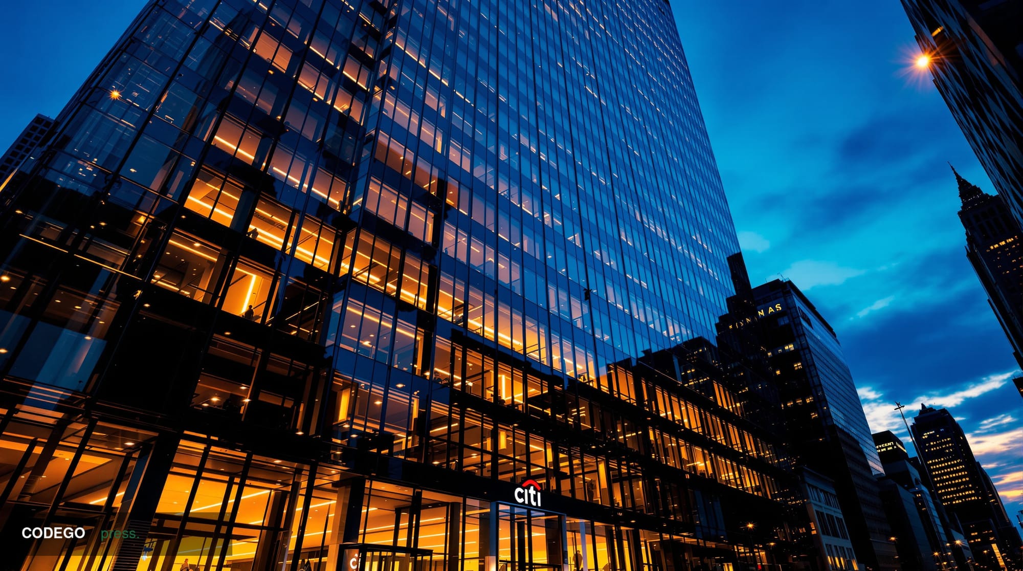 A photorealistic editorial photograph of Citibank's iconic headquarters at 388 Greenwich Street in New York City's Tribeca ne
