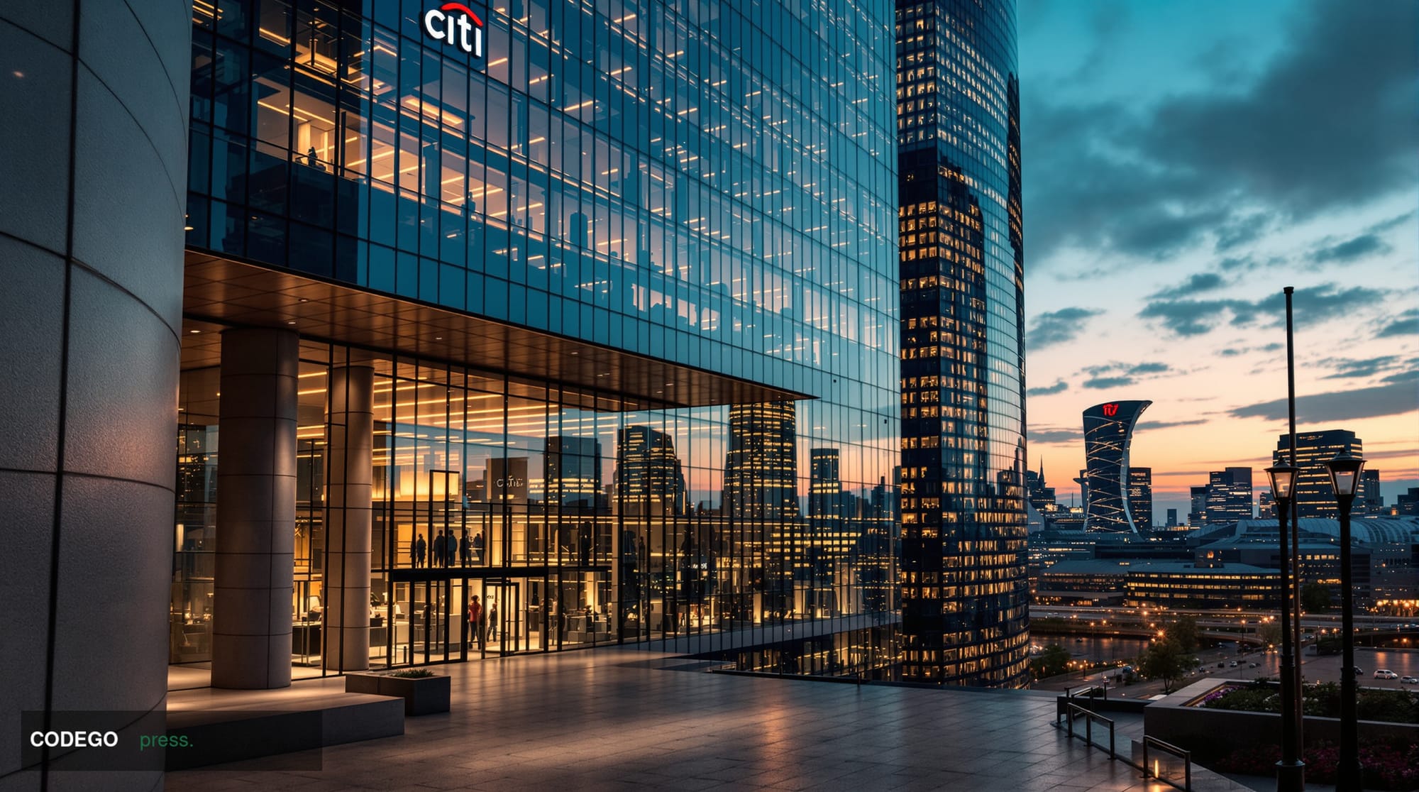 A cinematic wide-angle photograph of Citi's towering glass headquarters in London's Canary Wharf district, shot from street l