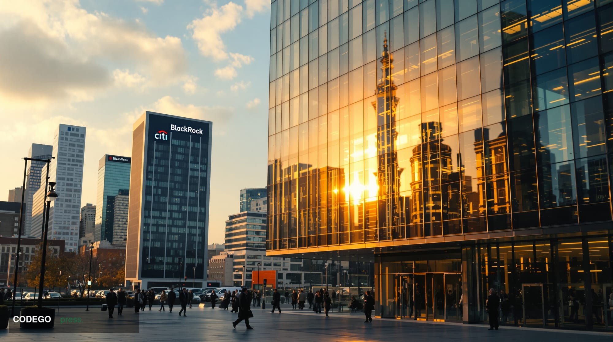 A cinematic editorial photograph showing the imposing glass facade of Citi's European headquarters in London's Canary Wharf d