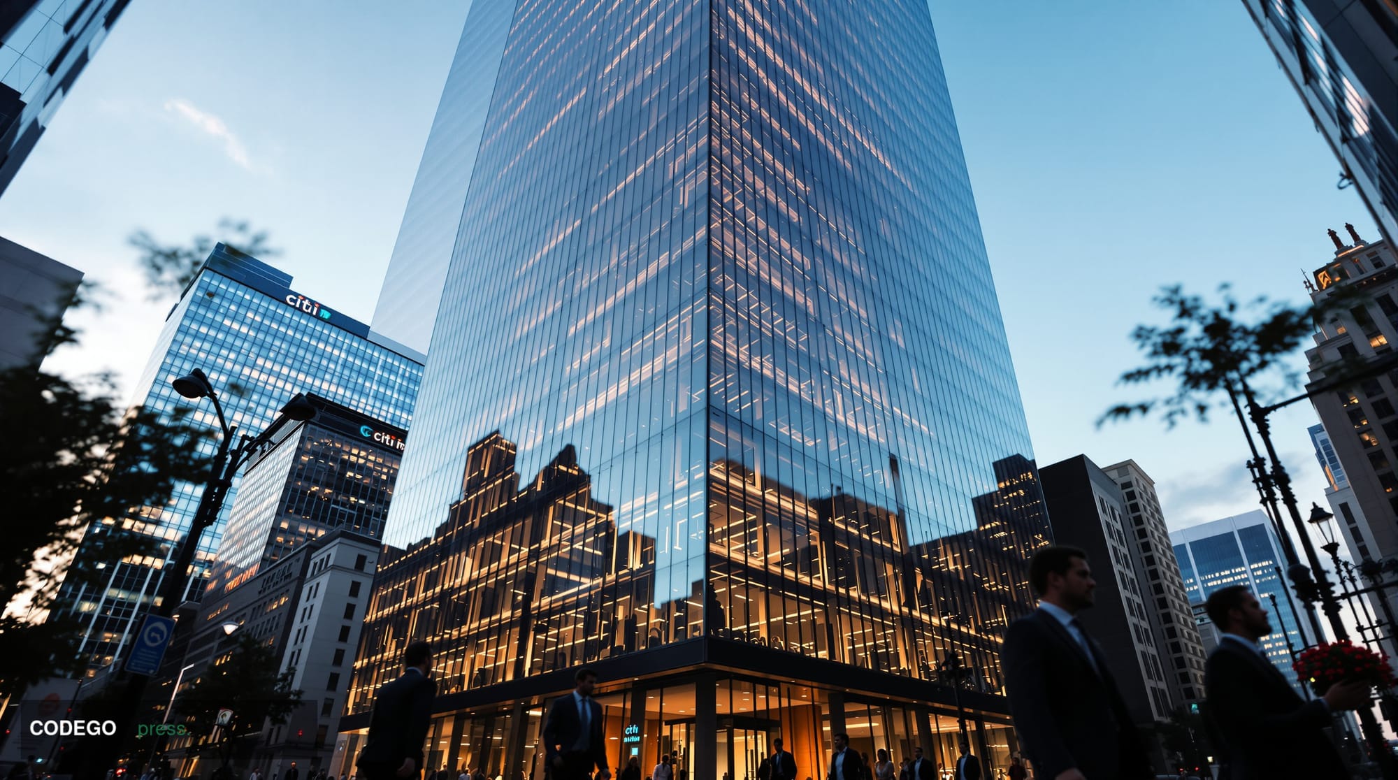 A photorealistic editorial photograph capturing Citigroup's iconic headquarters at 388 Greenwich Street in New York's Tribeca