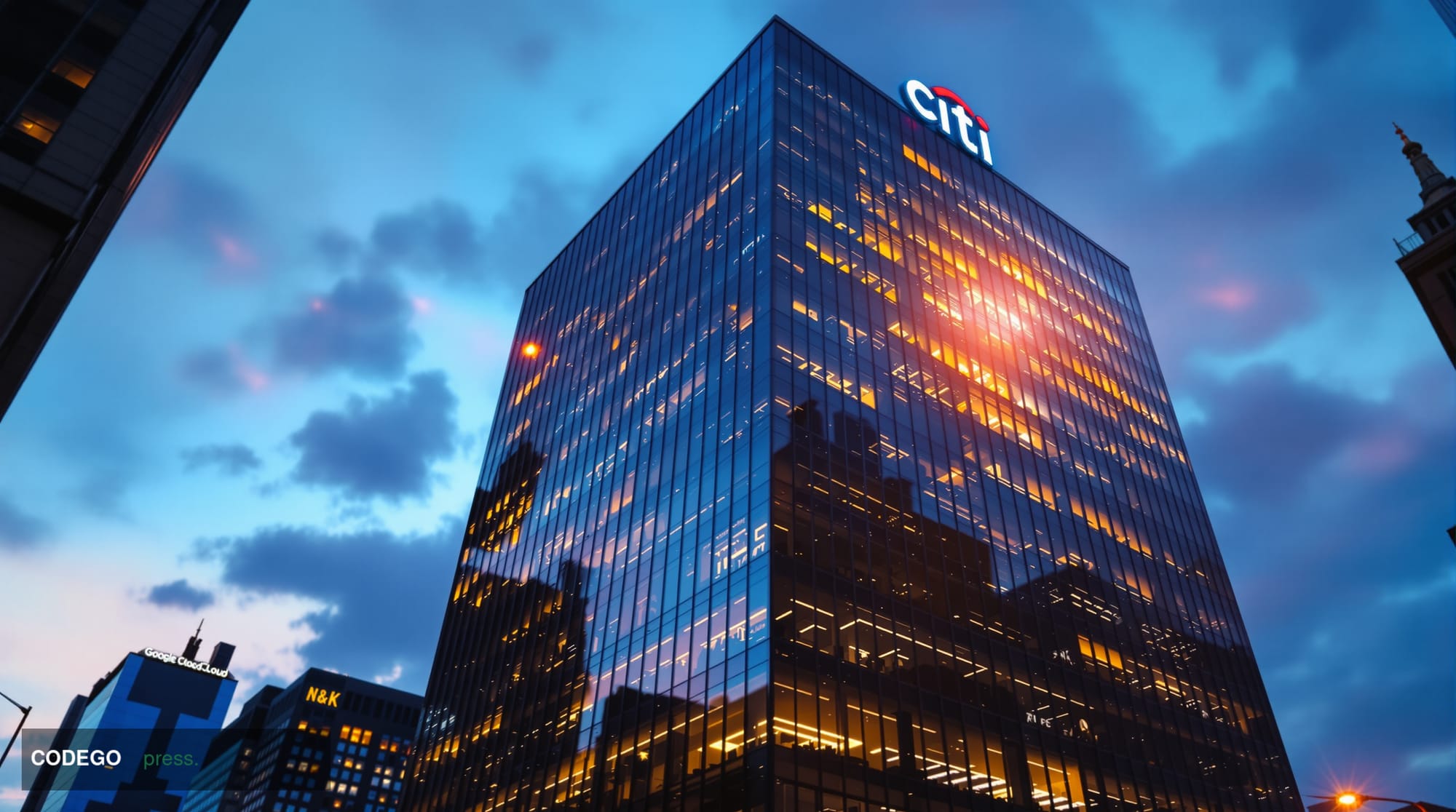 A photorealistic editorial photograph showcasing Citi's corporate headquarters at 388 Greenwich Street in New York City, capt
