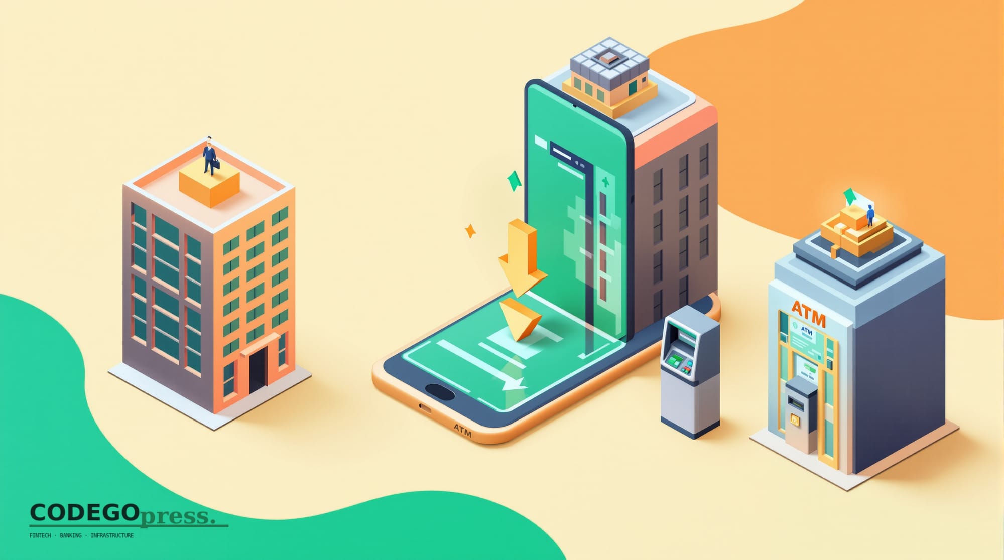 flat 3D isometric vector editorial illustration, banking-green primary (#1A6B43), cream background, gold and navy accents, so