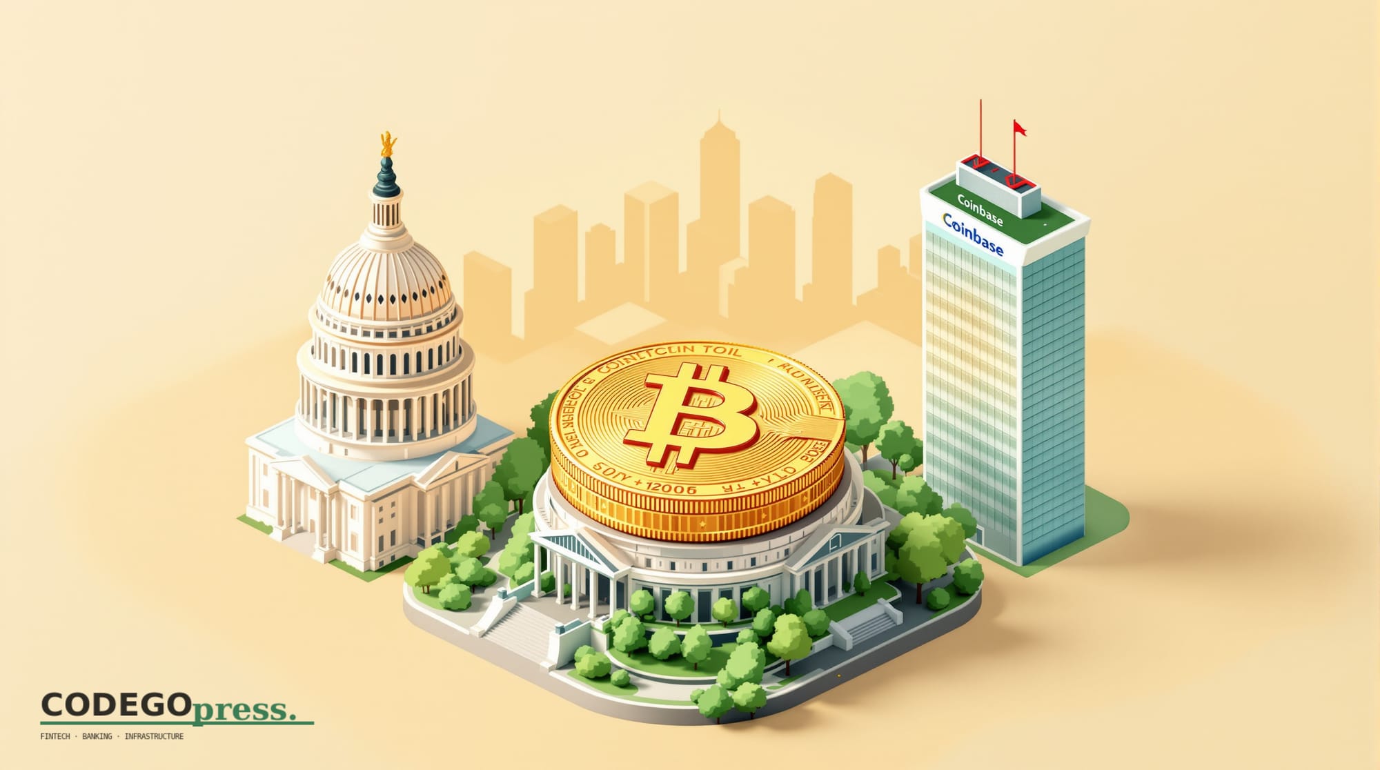 A golden Bitcoin block in the foreground centre, rendered in banking-green and gold tones, with the U.S. Capitol dome on the 